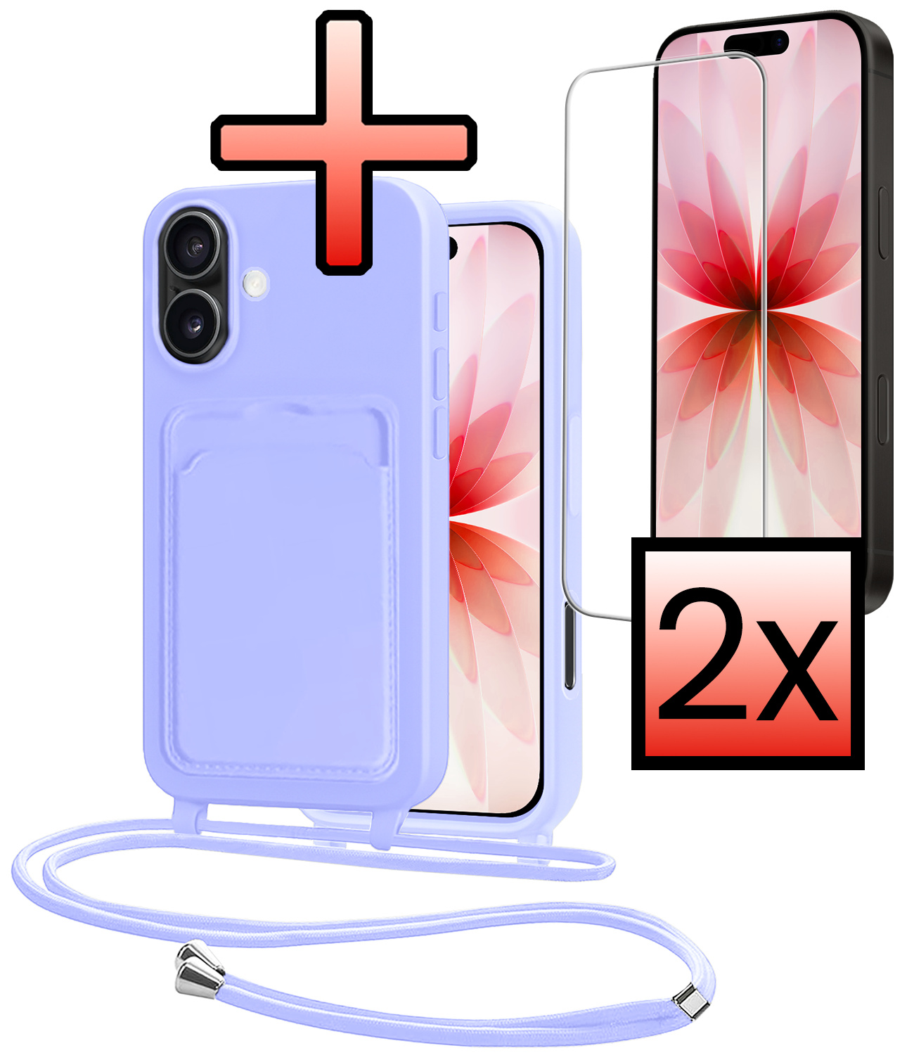 NoXx NoXx iPhone 17 Hoesje Pashouder met Koord Met 2x Screenprotector - Lila