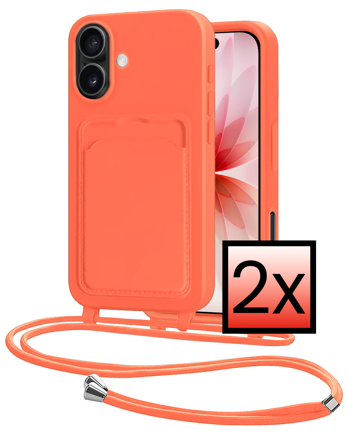 NoXx NoXx iPhone 17 Hoesje Pashouder met Koord - Papaya - 2 PACK