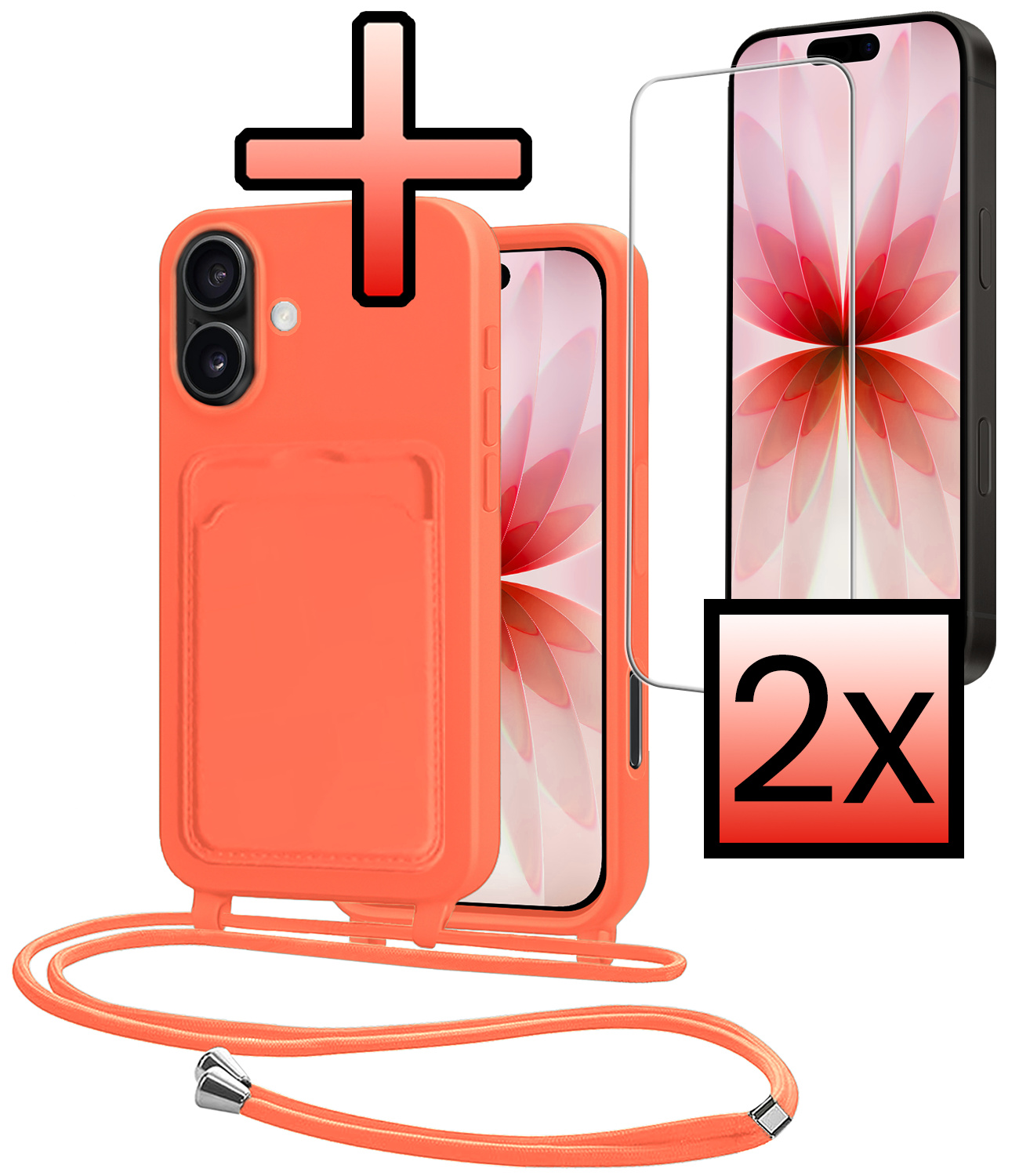 NoXx NoXx iPhone 17 Hoesje Pashouder met Koord Met 2x Screenprotector - Papaya