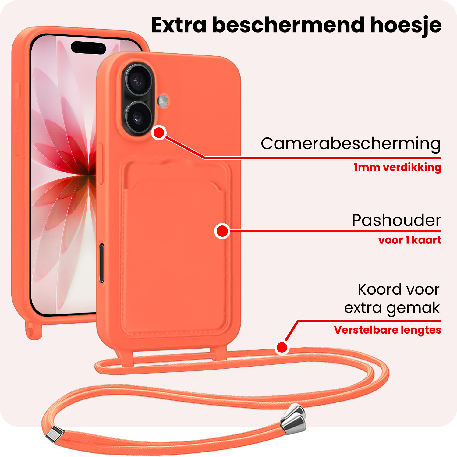 NoXx NoXx iPhone 17 Hoesje Pashouder met Koord Met 2x Screenprotector - Papaya