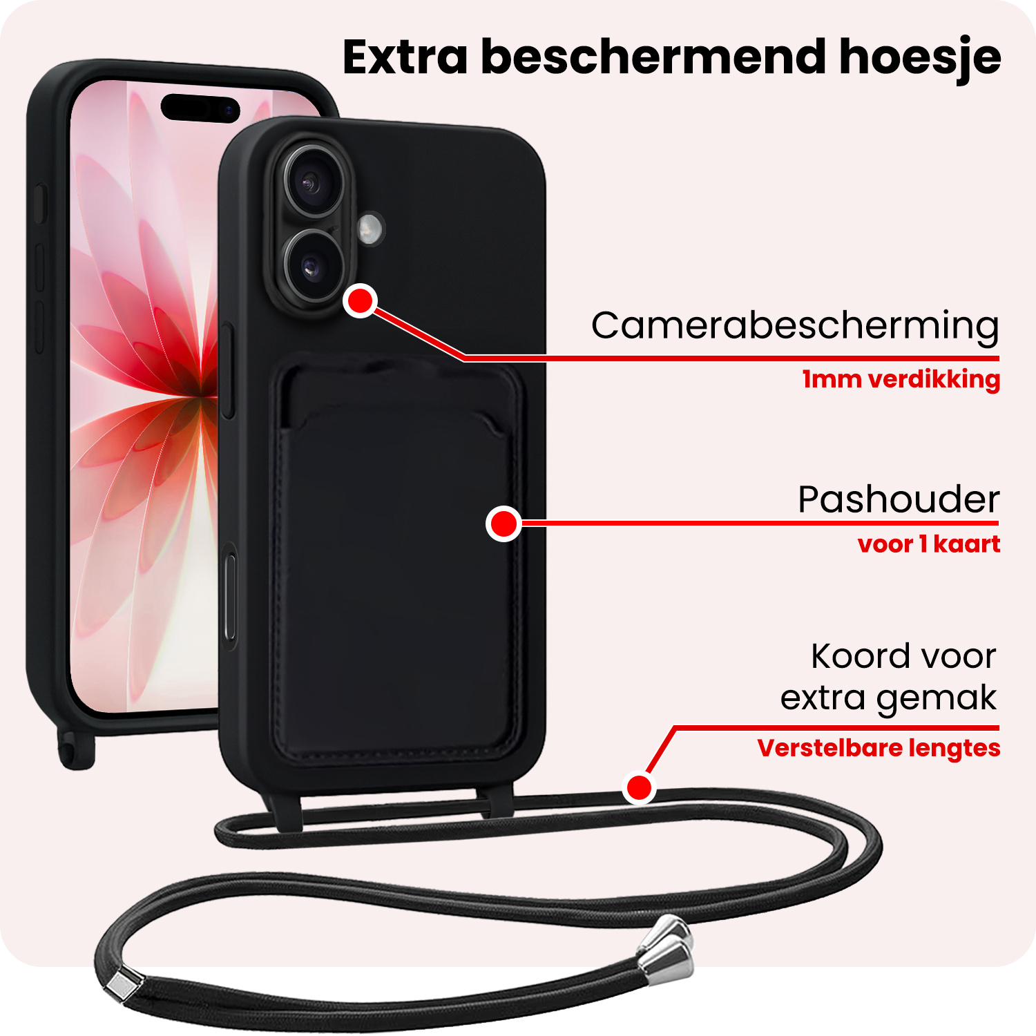 NoXx NoXx iPhone 17 Hoesje Pashouder met Koord - Zwart