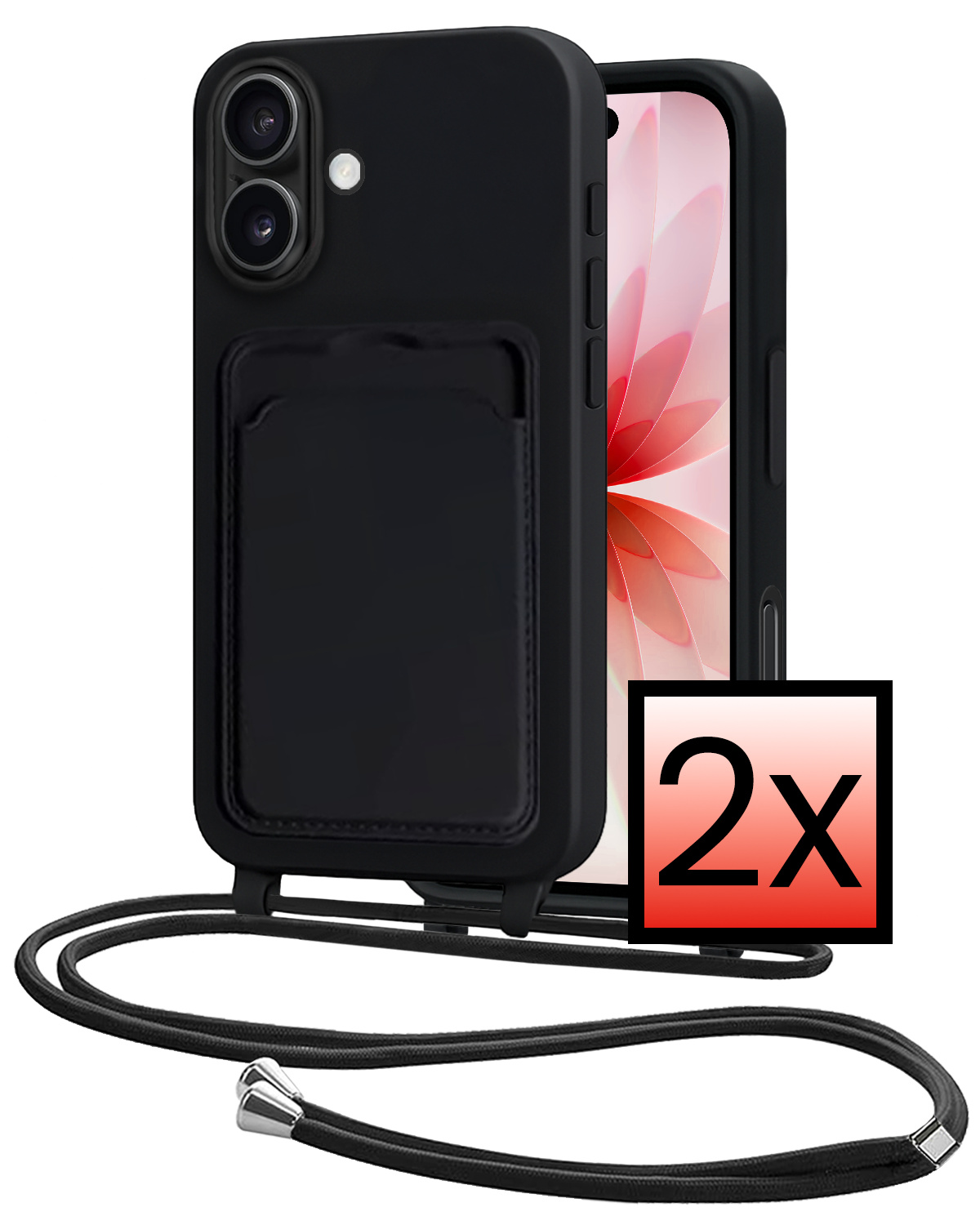 NoXx NoXx iPhone 17 Hoesje Pashouder met Koord - Zwart - 2 PACK