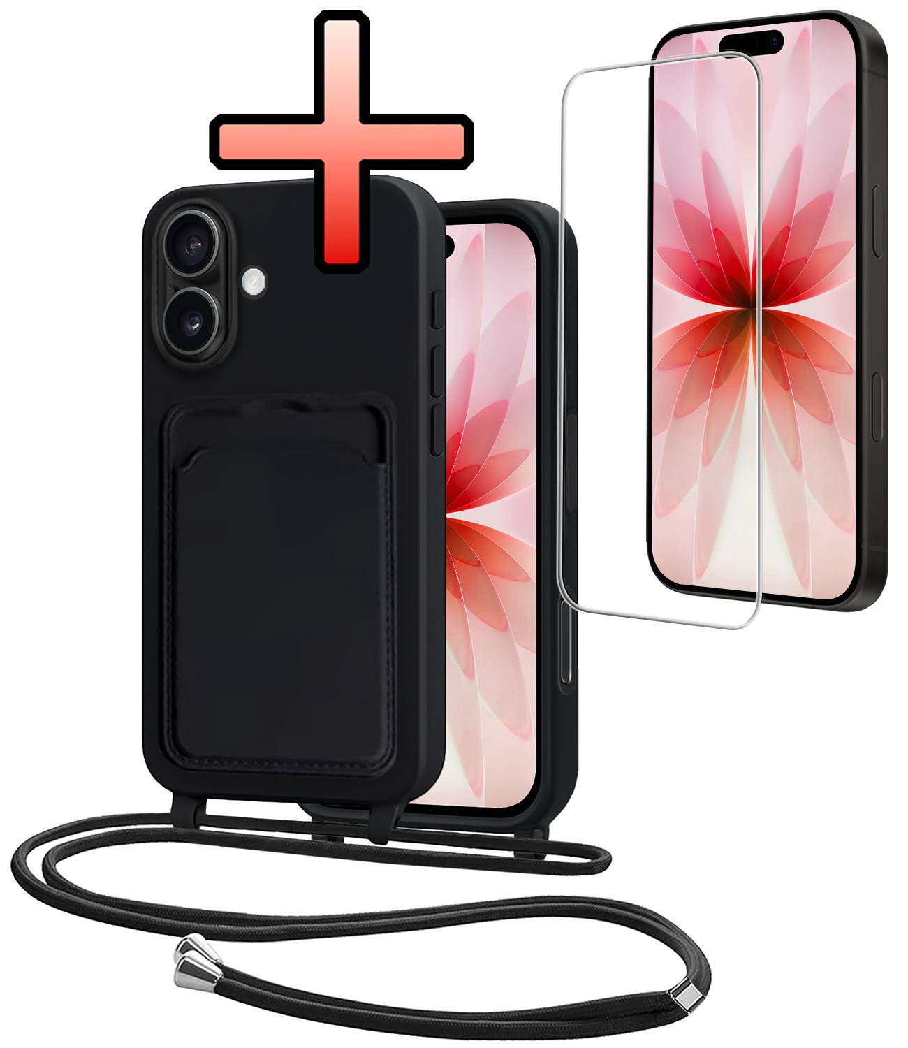 NoXx NoXx iPhone 17 Hoesje Pashouder met Koord Met Screenprotector - Zwart