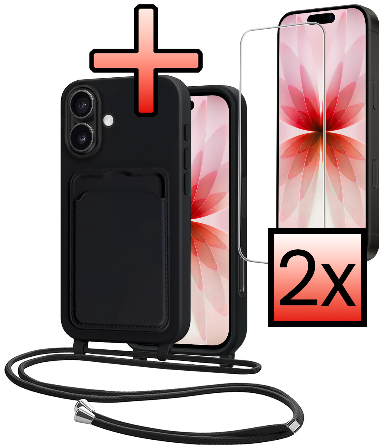 NoXx NoXx iPhone 17 Hoesje Pashouder met Koord Met 2x Screenprotector - Zwart