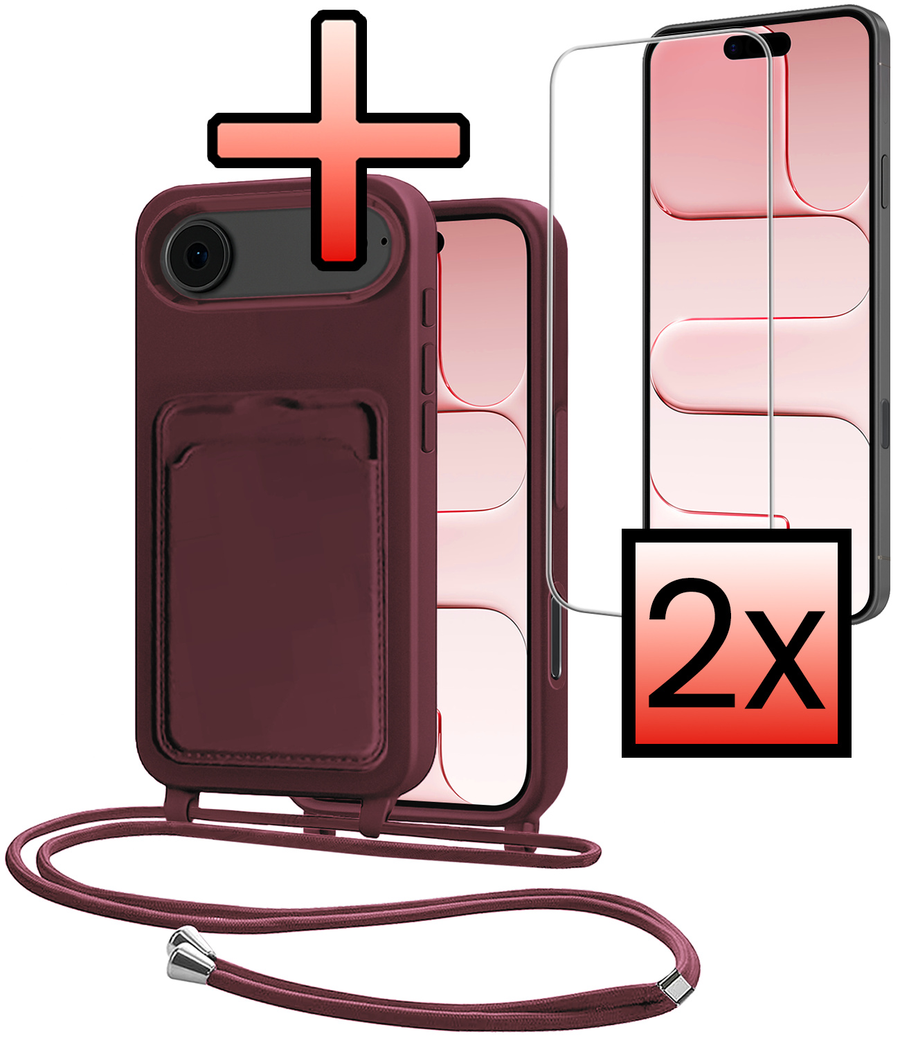 NoXx NoXx iPhone Air Hoesje Pashouder met Koord Met 2x Screenprotector - Aubergine