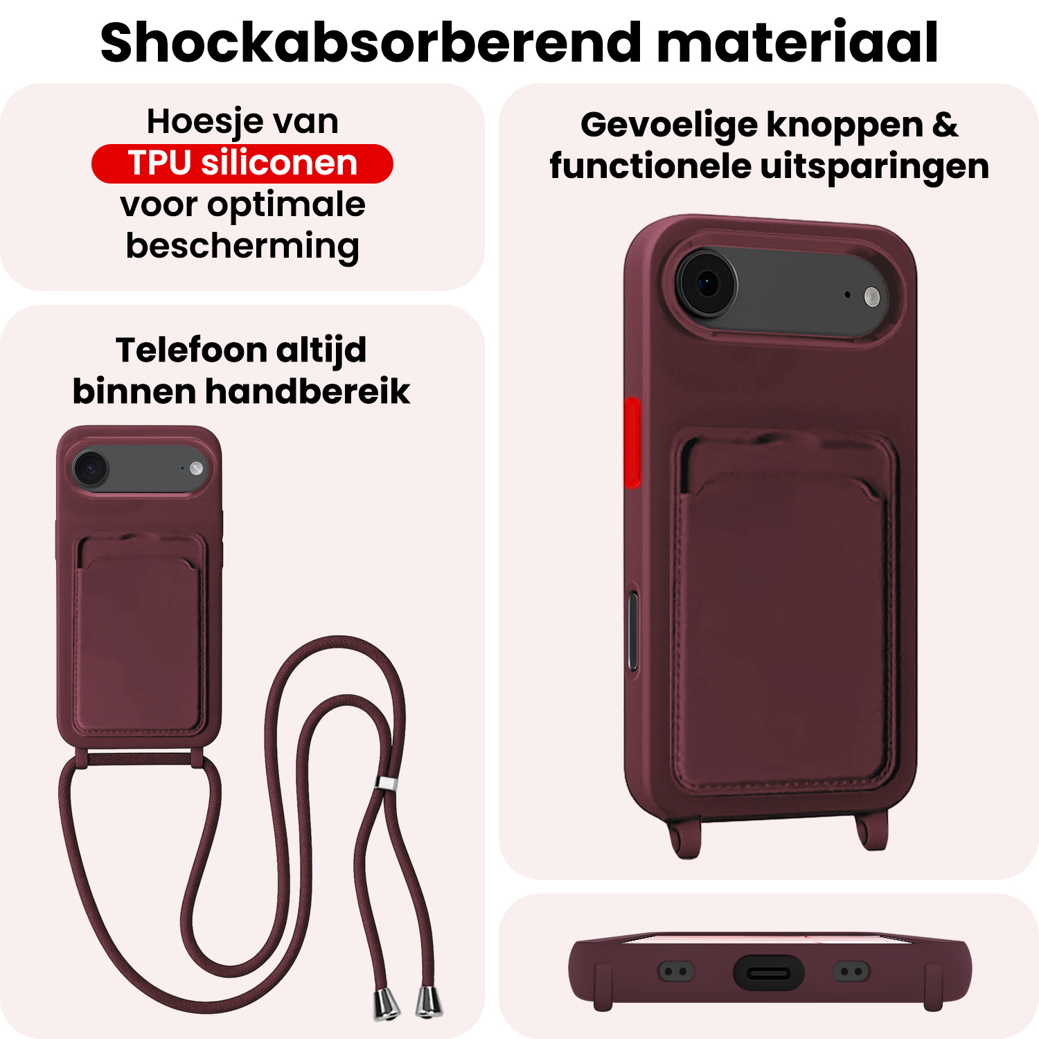 NoXx NoXx iPhone Air Hoesje Pashouder met Koord Met 2x Screenprotector - Aubergine