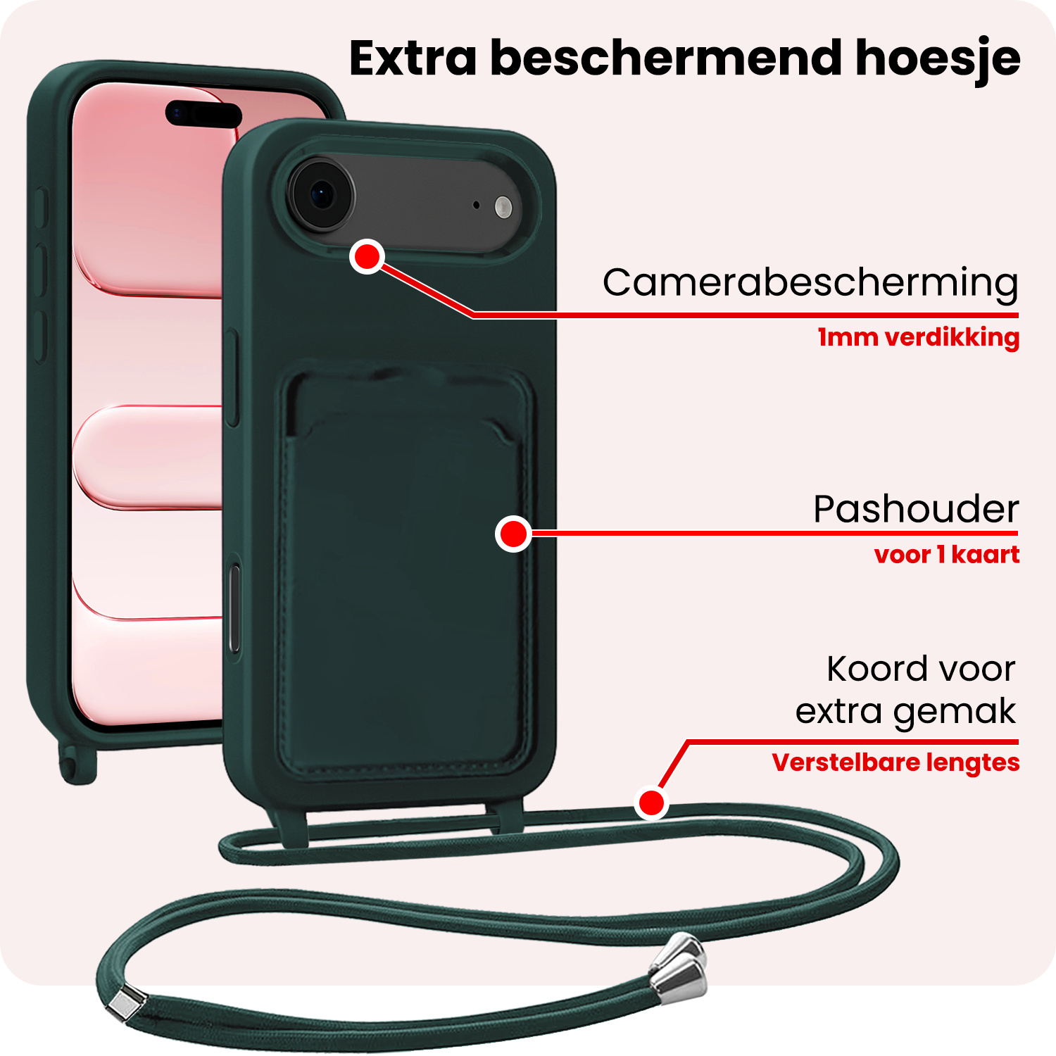 NoXx NoXx iPhone Air Hoesje Pashouder met Koord Met 2x Screenprotector - Donkergroen