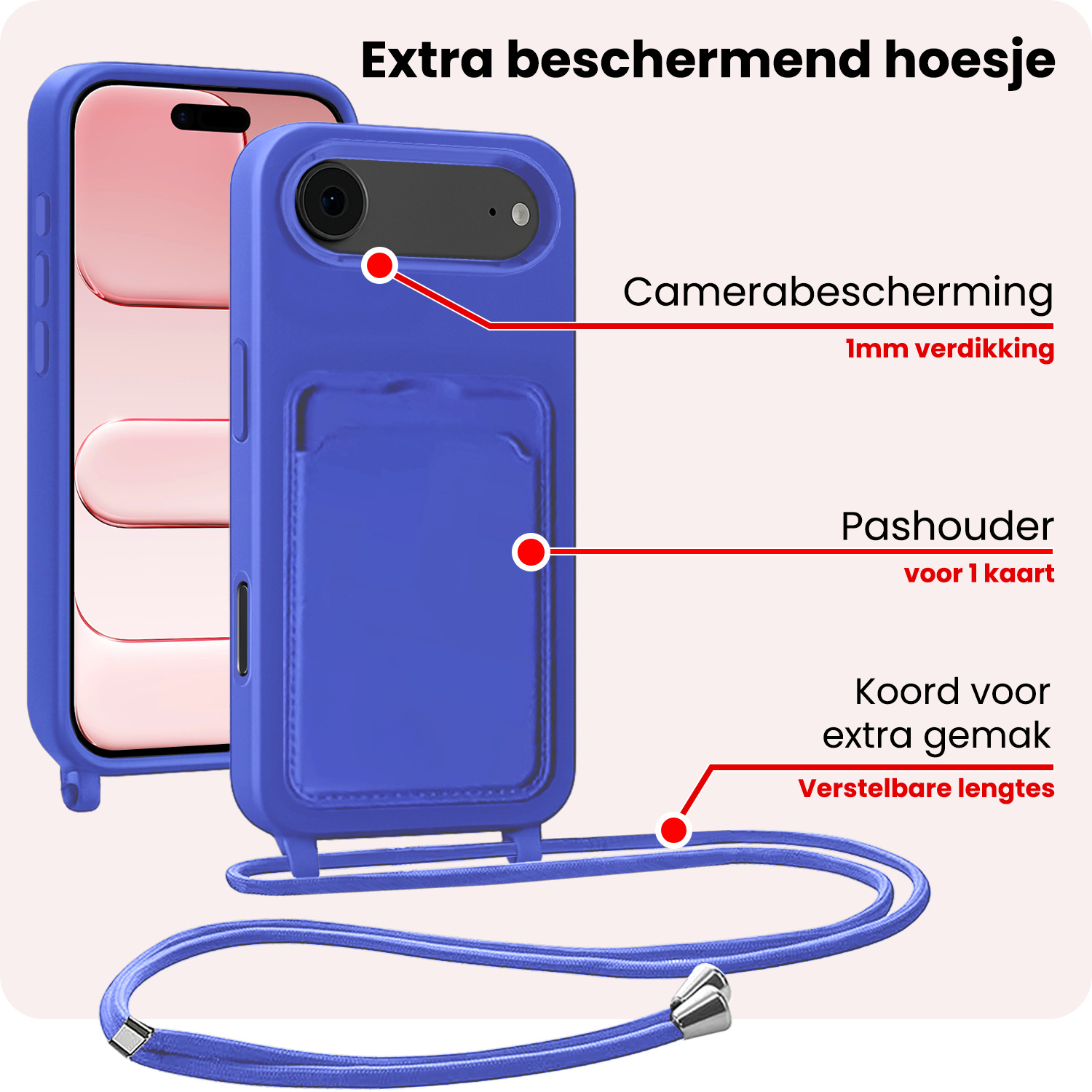 NoXx NoXx iPhone Air Hoesje Pashouder met Koord Met 2x Screenprotector - Fel Blauw