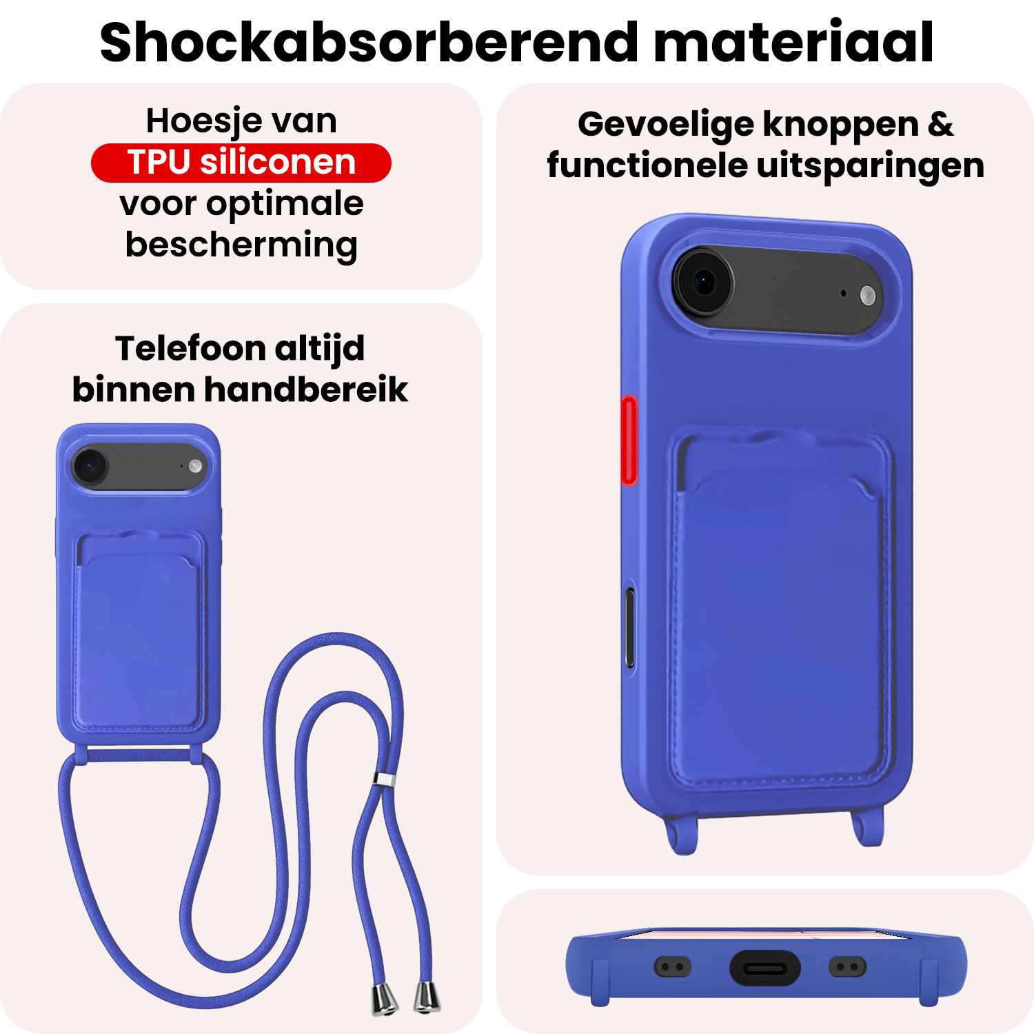 NoXx NoXx iPhone Air Hoesje Pashouder met Koord Met 2x Screenprotector - Fel Blauw