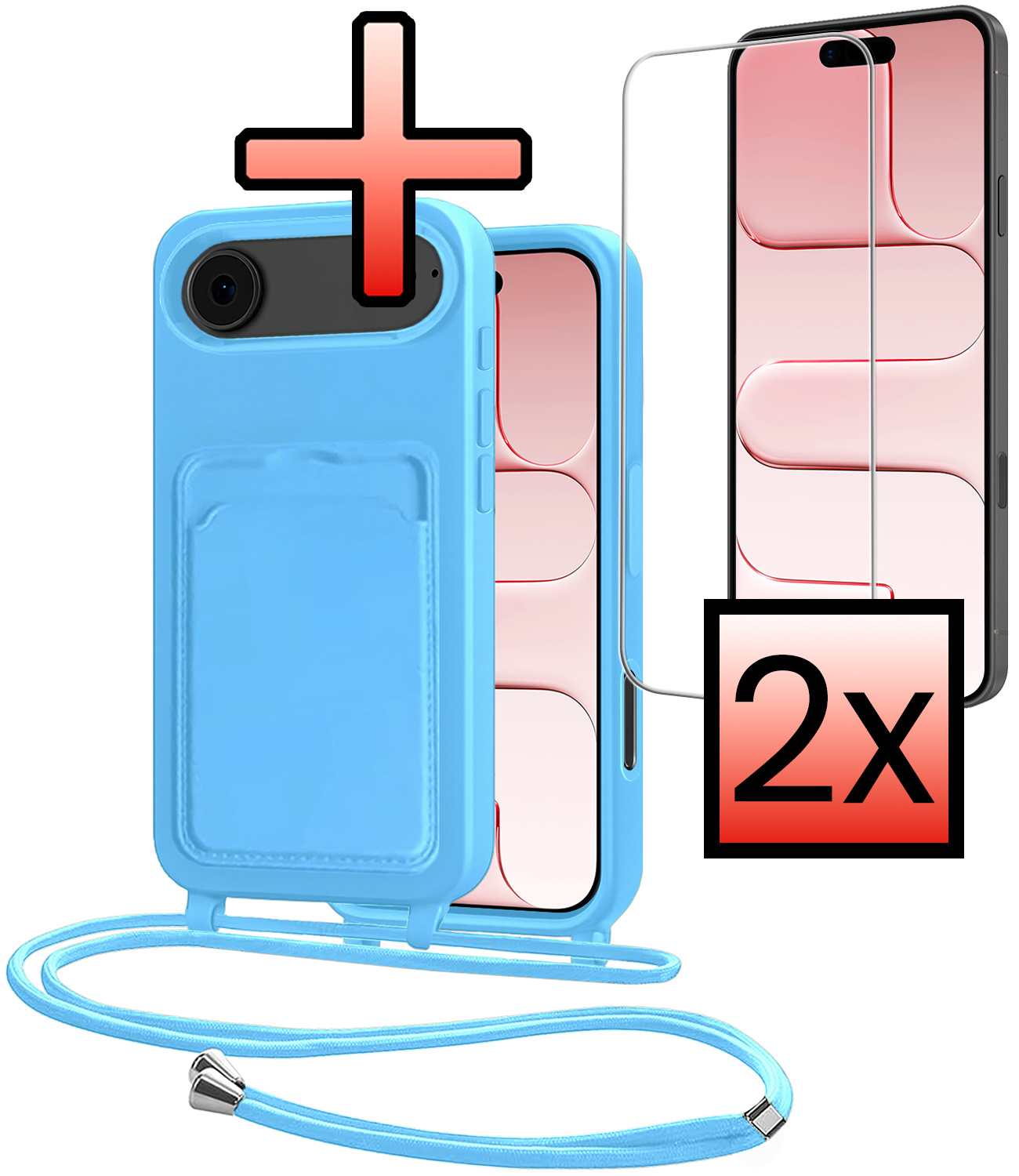 NoXx NoXx iPhone Air Hoesje Pashouder met Koord Met 2x Screenprotector - Lichtblauw