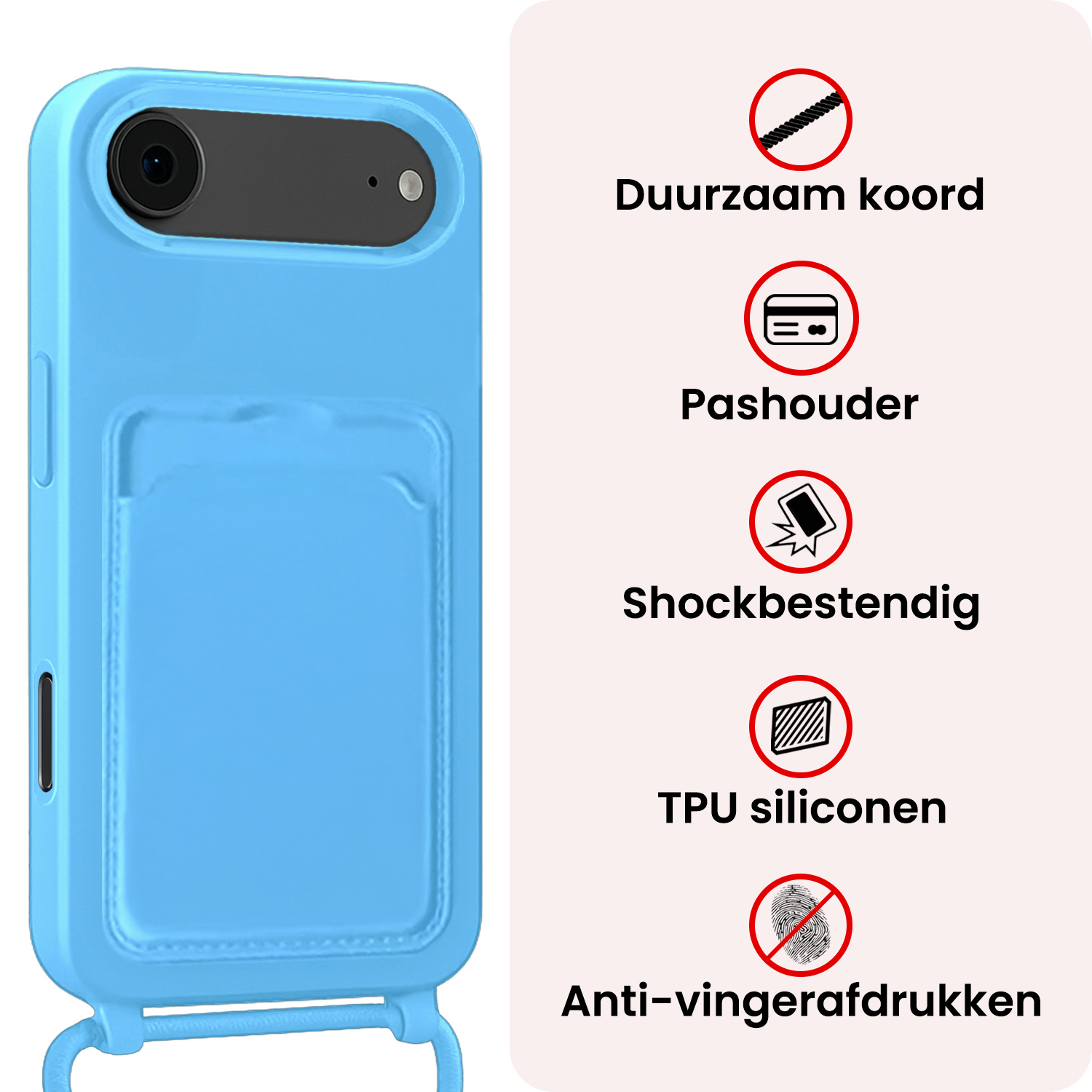 NoXx NoXx iPhone Air Hoesje Pashouder met Koord Met 2x Screenprotector - Lichtblauw