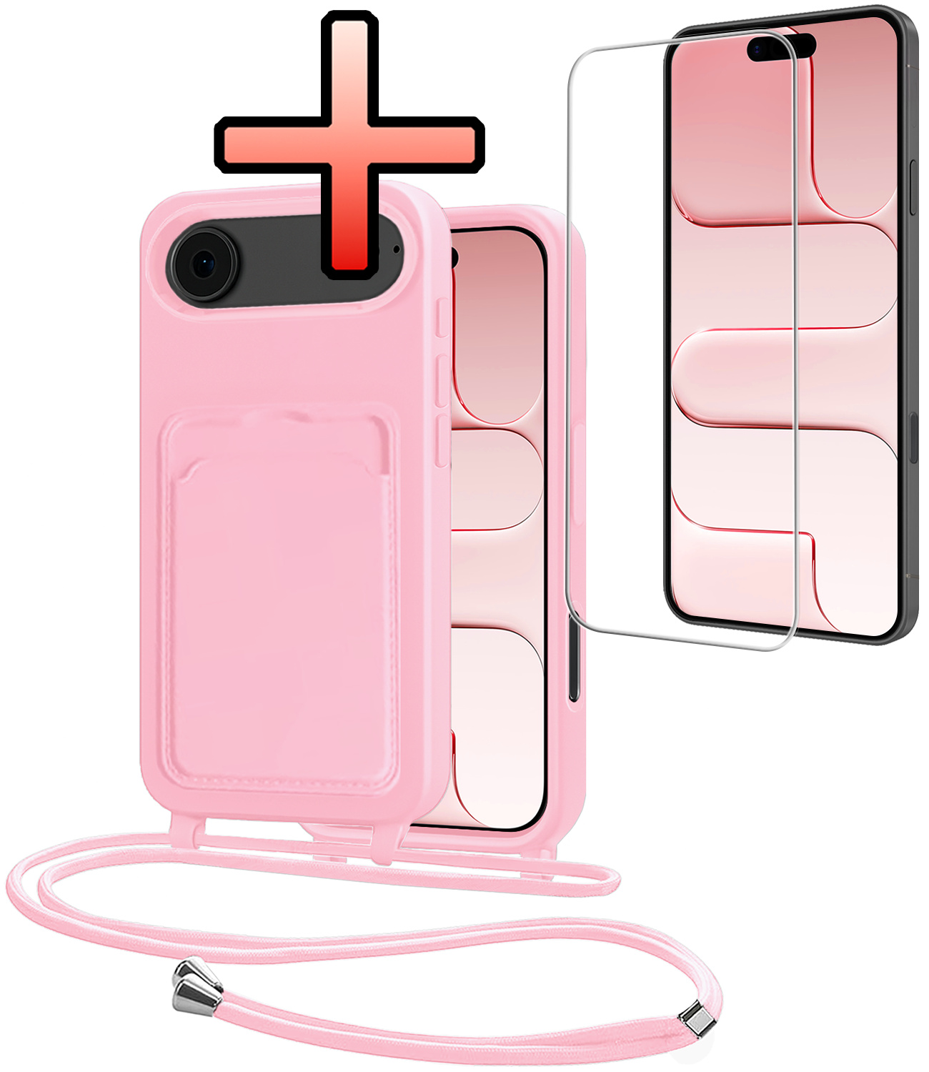 NoXx NoXx iPhone Air Hoesje Pashouder met Koord Met Screenprotector - Lichtroze