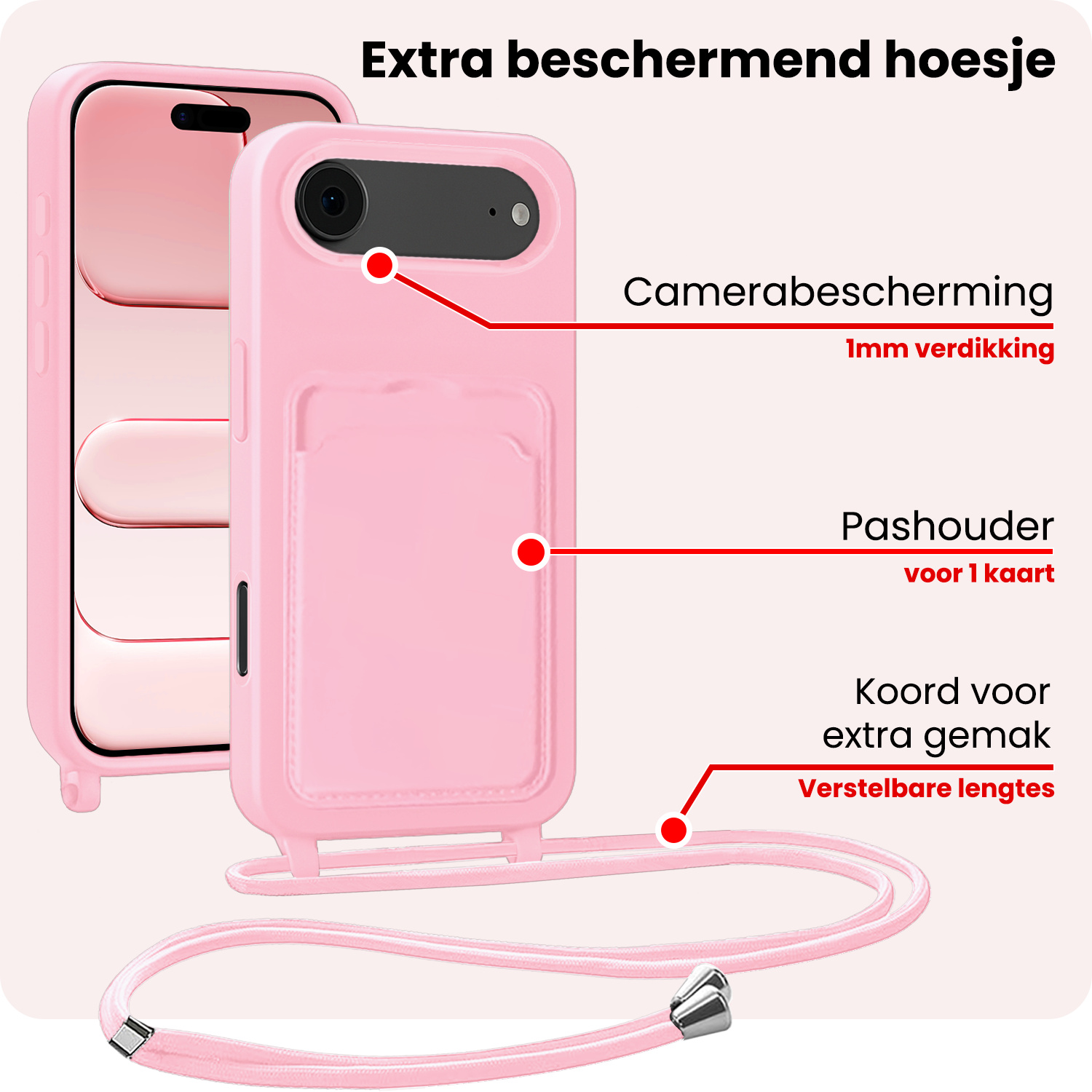 NoXx NoXx iPhone Air Hoesje Pashouder met Koord Met Screenprotector - Lichtroze