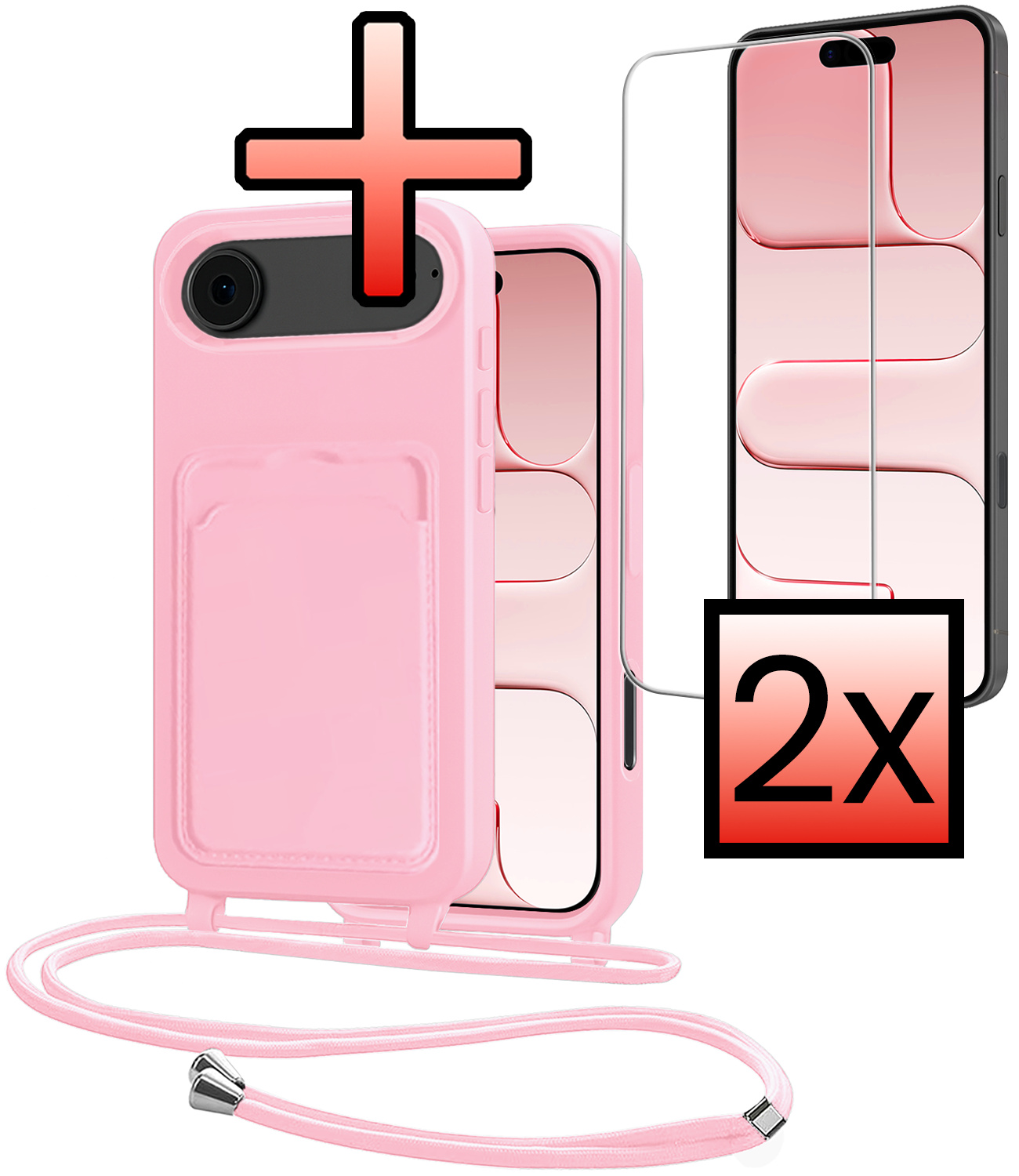 NoXx NoXx iPhone Air Hoesje Pashouder met Koord Met 2x Screenprotector - Lichtroze