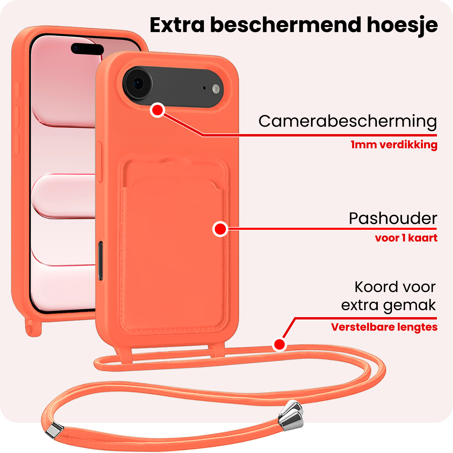 NoXx NoXx iPhone Air Hoesje Pashouder met Koord Met Screenprotector - Papaya