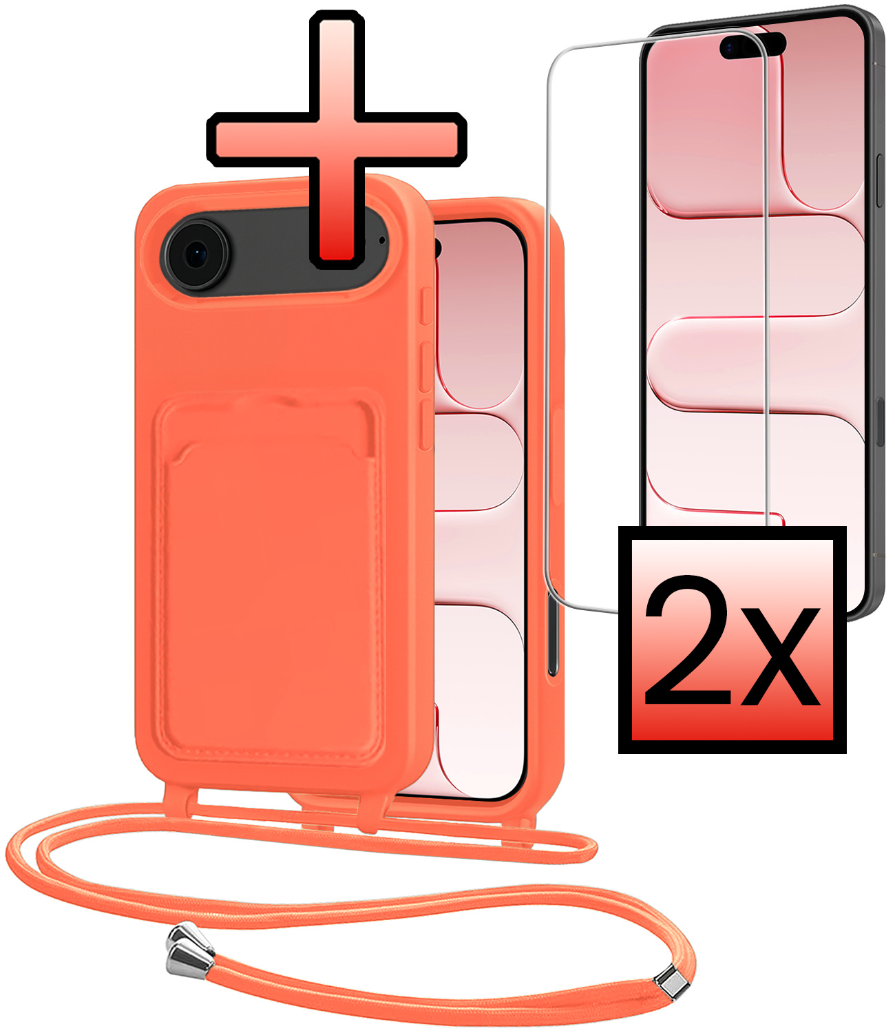 NoXx NoXx iPhone Air Hoesje Pashouder met Koord Met 2x Screenprotector - Papaya