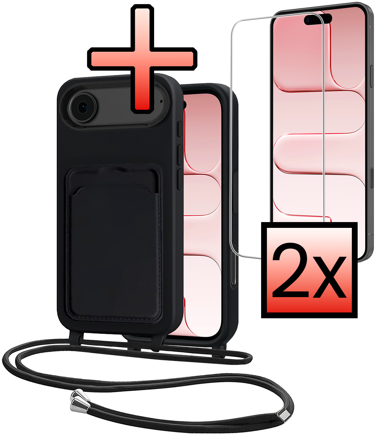NoXx NoXx iPhone Air Hoesje Pashouder met Koord Met 2x Screenprotector - Zwart