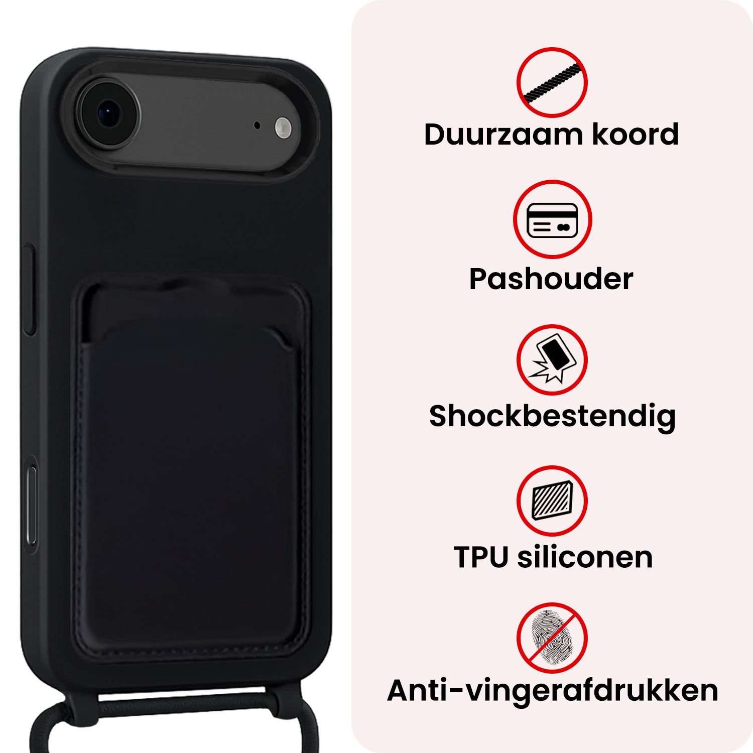 NoXx NoXx iPhone Air Hoesje Pashouder met Koord Met 2x Screenprotector - Zwart