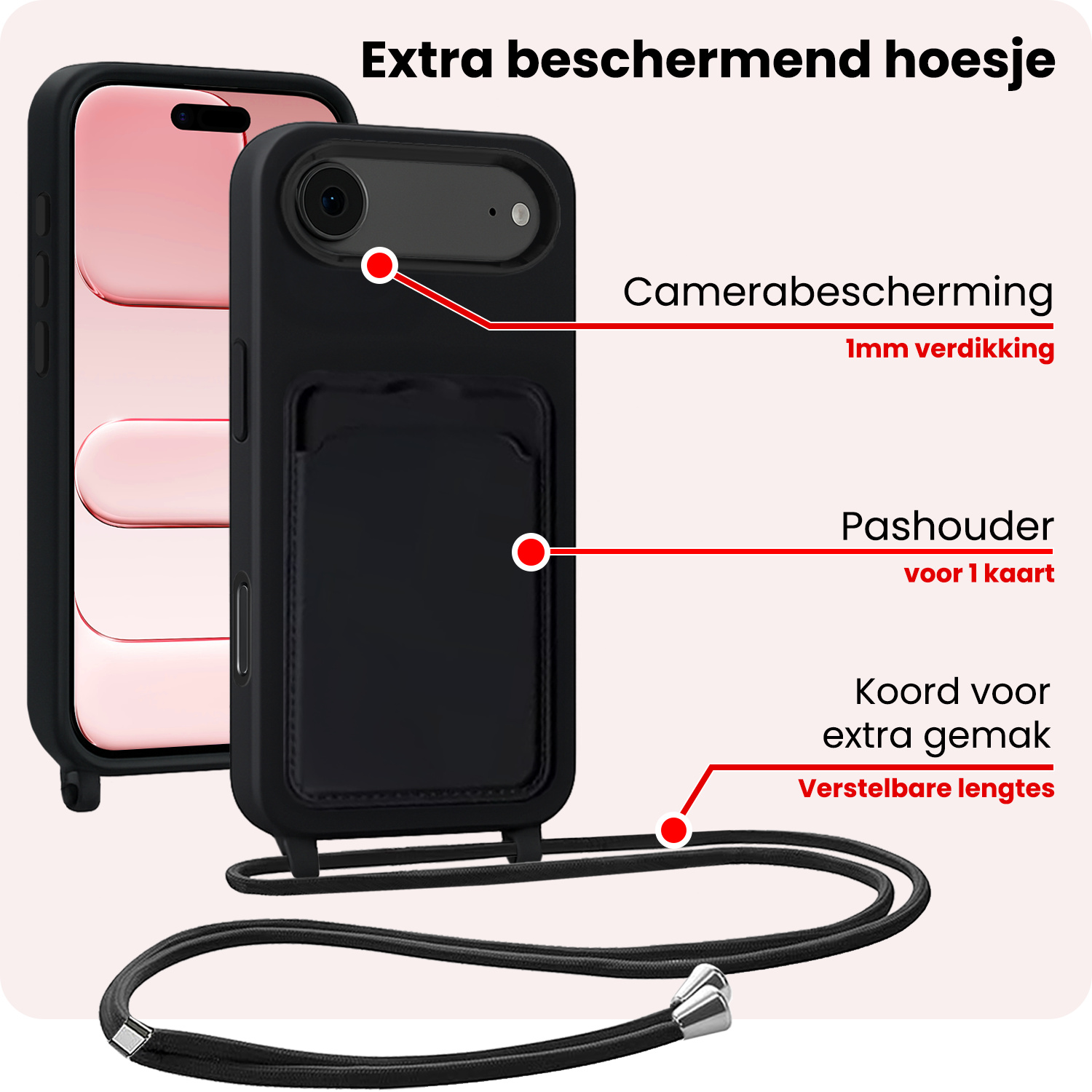 NoXx NoXx iPhone Air Hoesje Pashouder met Koord Met 2x Screenprotector - Zwart