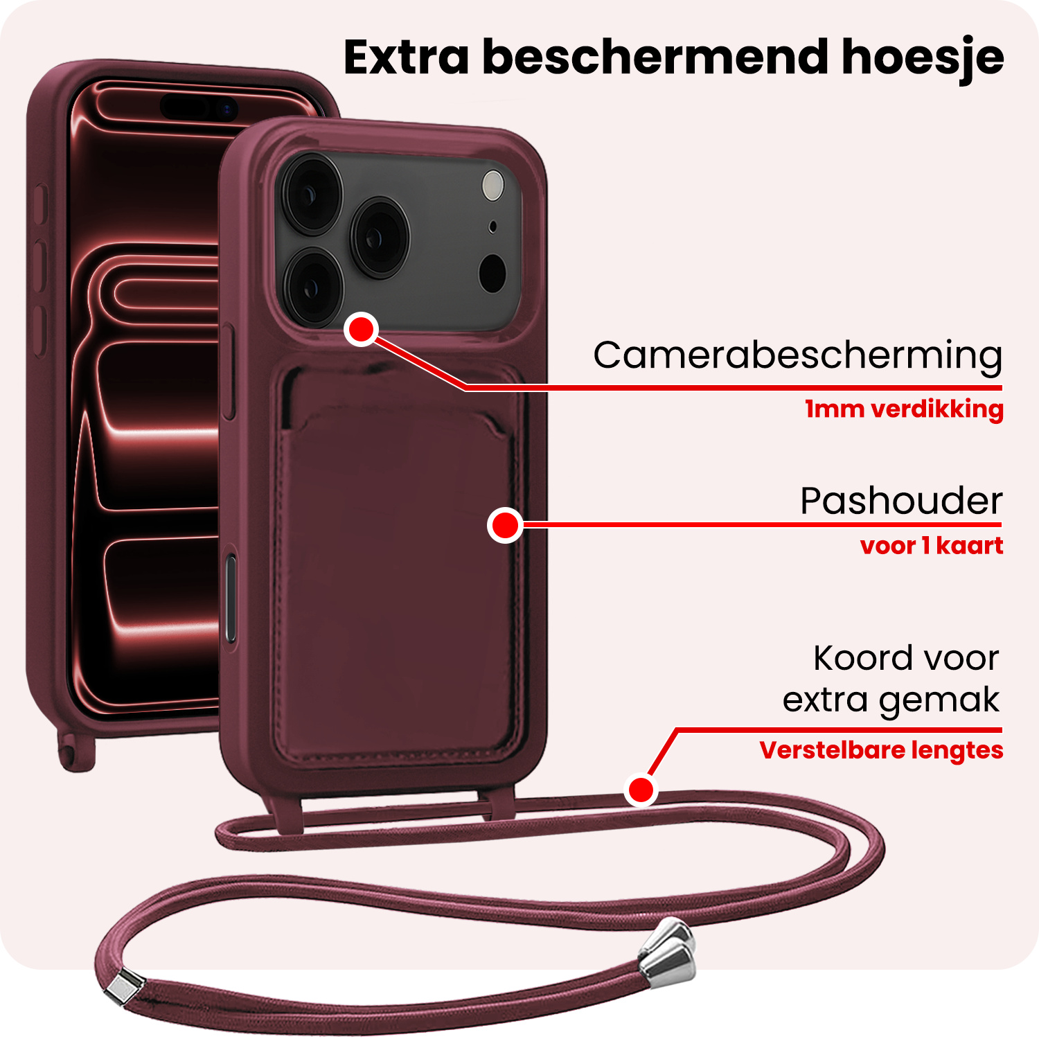 NoXx NoXx iPhone 17 Pro Hoesje Pashouder met Koord Met Screenprotector - Aubergine