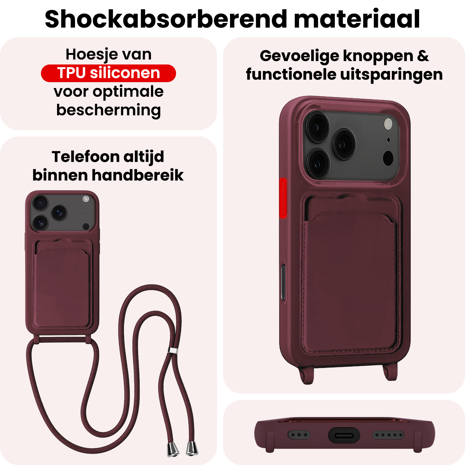 NoXx NoXx iPhone 17 Pro Hoesje Pashouder met Koord Met Screenprotector - Aubergine