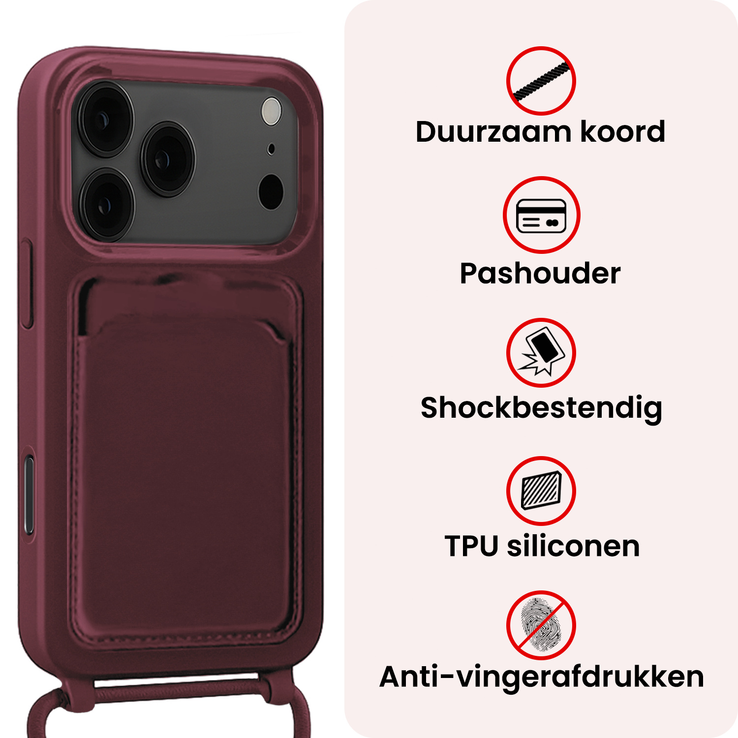 NoXx NoXx iPhone 17 Pro Hoesje Pashouder met Koord Met 2x Screenprotector - Aubergine