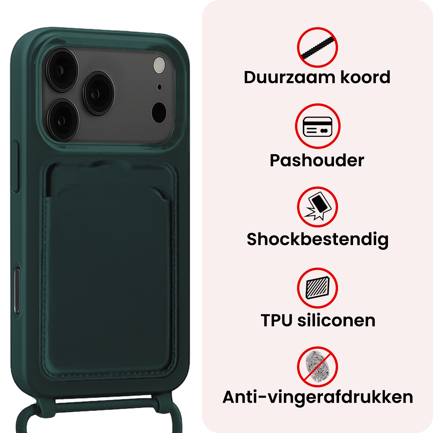 NoXx NoXx iPhone 17 Pro Hoesje Pashouder met Koord - Donkergroen - 2 PACK