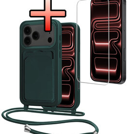 NoXx NoXx iPhone 17 Pro Hoesje Pashouder met Koord Met Screenprotector - Donkergroen