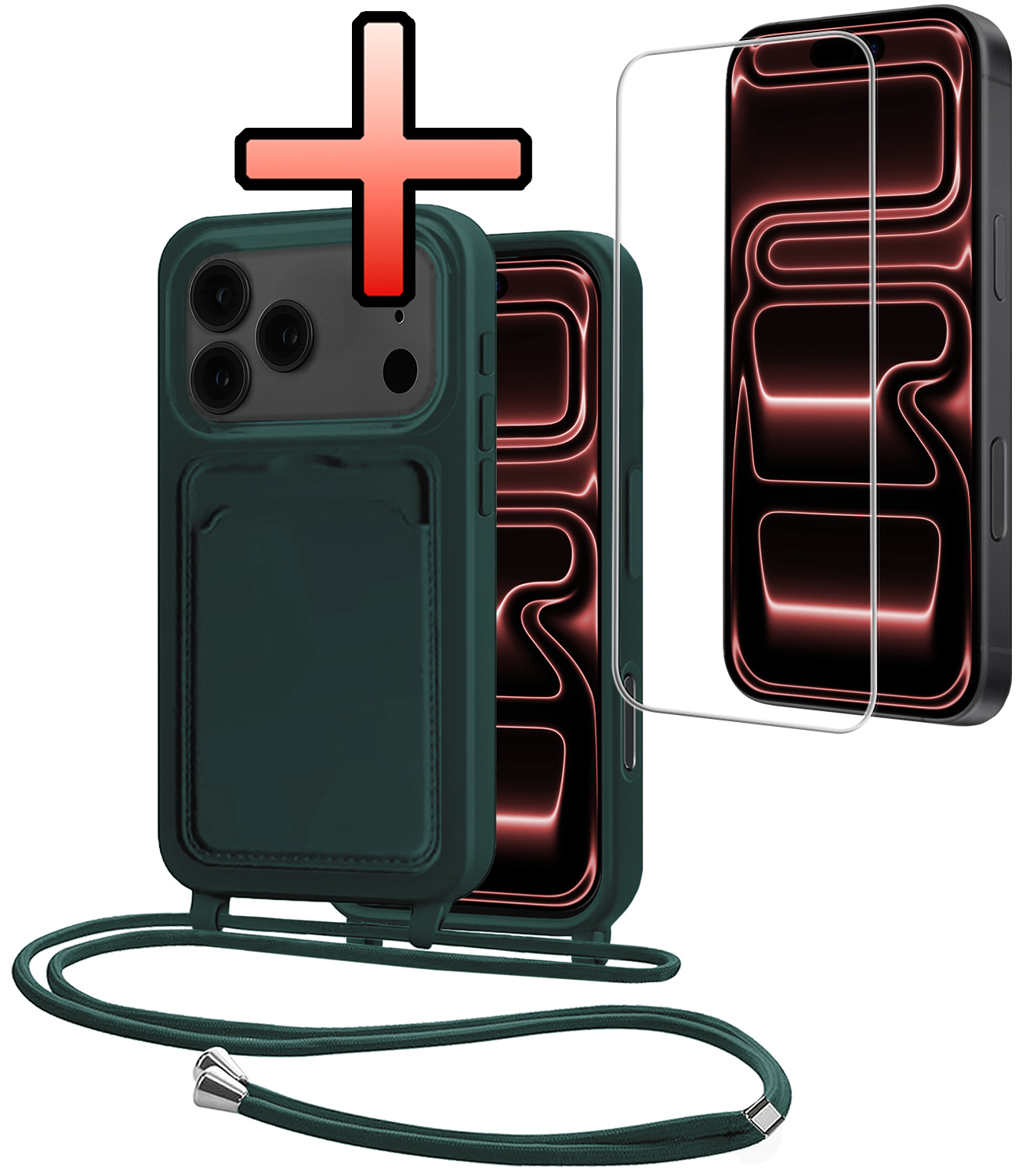 NoXx NoXx iPhone 17 Pro Hoesje Pashouder met Koord Met Screenprotector - Donkergroen