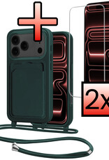 NoXx NoXx iPhone 17 Pro Hoesje Pashouder met Koord Met 2x Screenprotector - Donkergroen