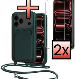 NoXx NoXx iPhone 17 Pro Hoesje Pashouder met Koord Met 2x Screenprotector - Donkergroen