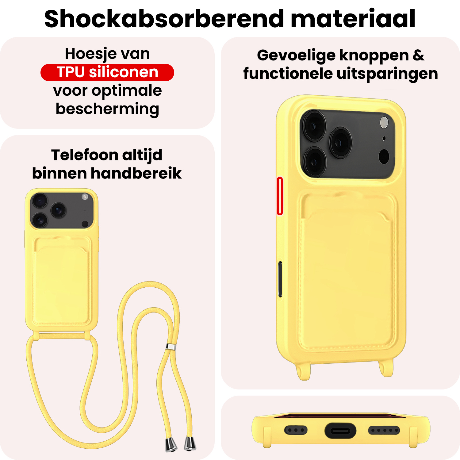 NoXx NoXx iPhone 17 Pro Hoesje Pashouder met Koord - Geel