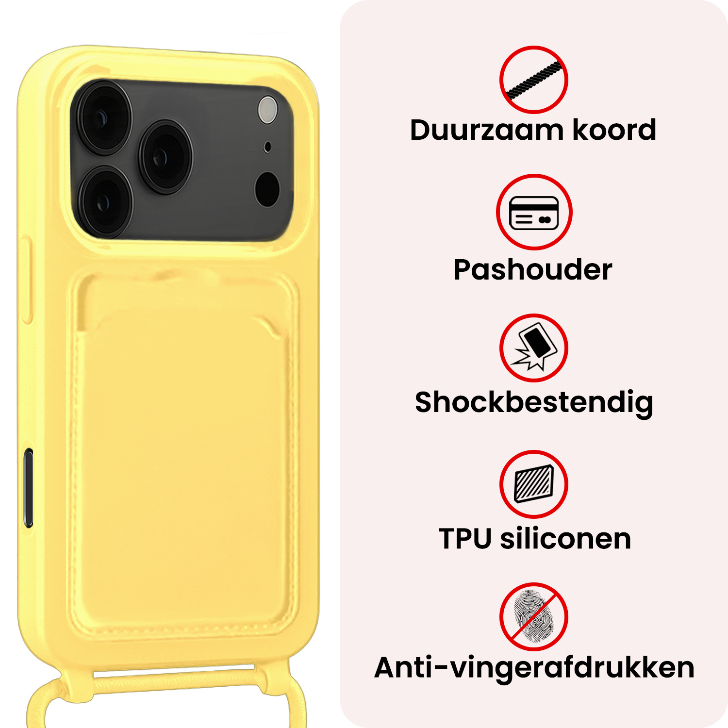 NoXx NoXx iPhone 17 Pro Hoesje Pashouder met Koord Met 2x Screenprotector - Geel