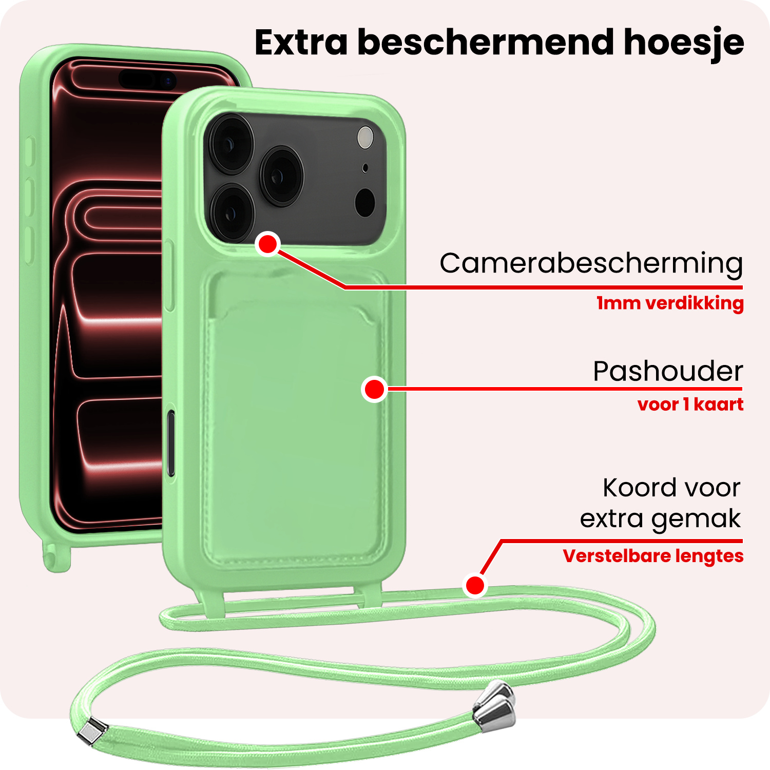 NoXx NoXx iPhone 17 Pro Hoesje Pashouder met Koord - Groen - 2 PACK