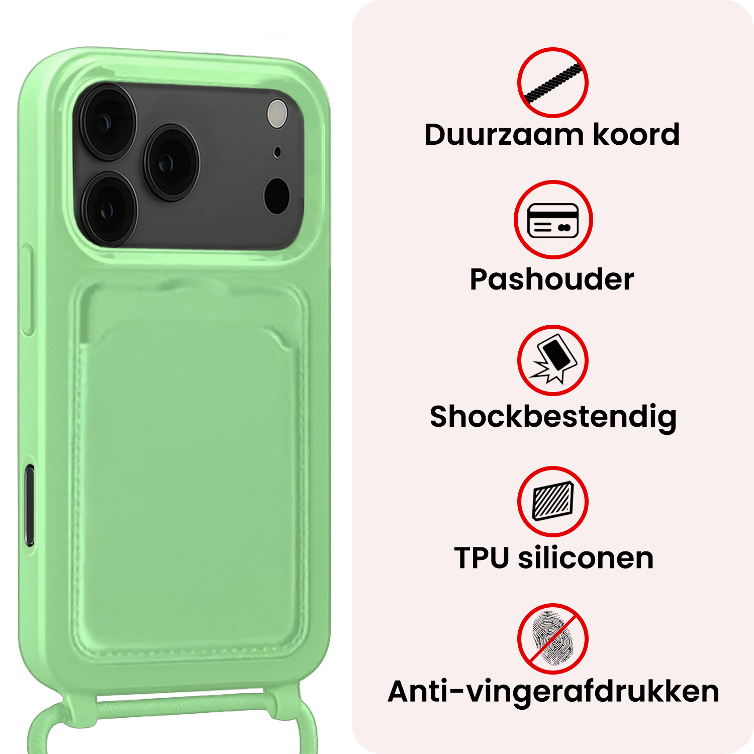 NoXx NoXx iPhone 17 Pro Hoesje Pashouder met Koord Met Screenprotector - Groen