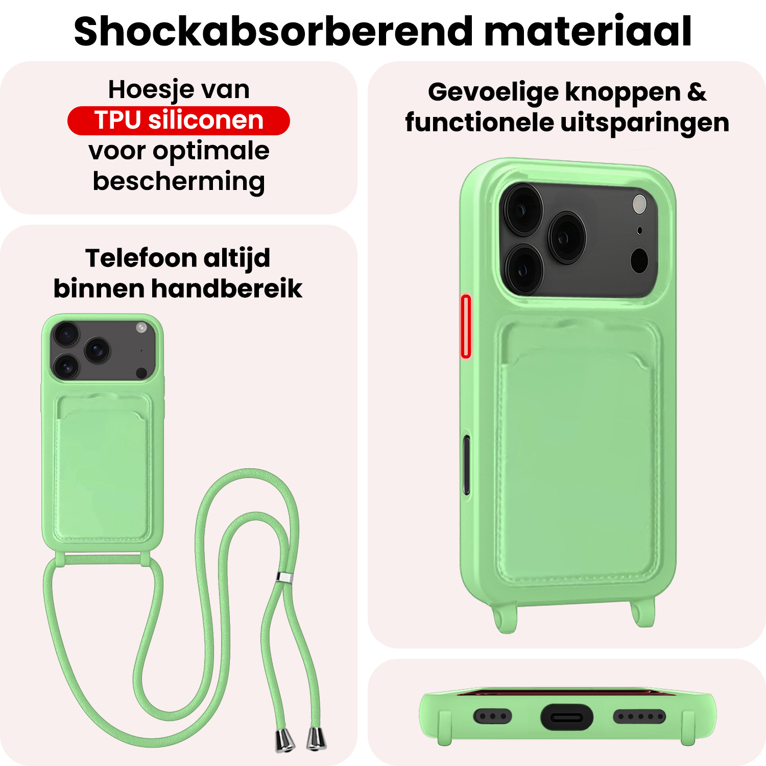 NoXx NoXx iPhone 17 Pro Hoesje Pashouder met Koord Met Screenprotector - Groen