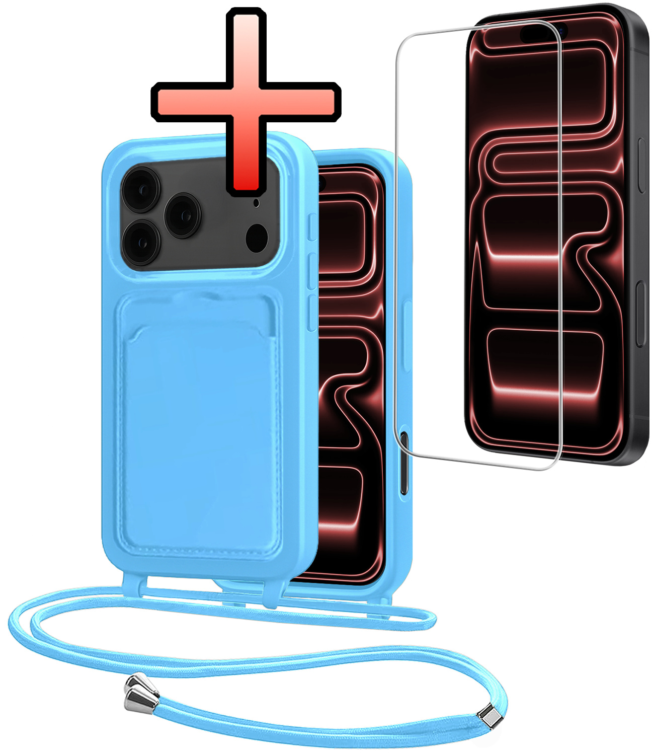 NoXx NoXx iPhone 17 Pro Hoesje Pashouder met Koord Met Screenprotector - Lichtblauw