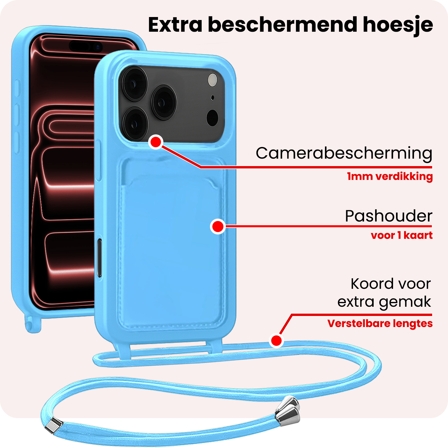 NoXx NoXx iPhone 17 Pro Hoesje Pashouder met Koord Met Screenprotector - Lichtblauw