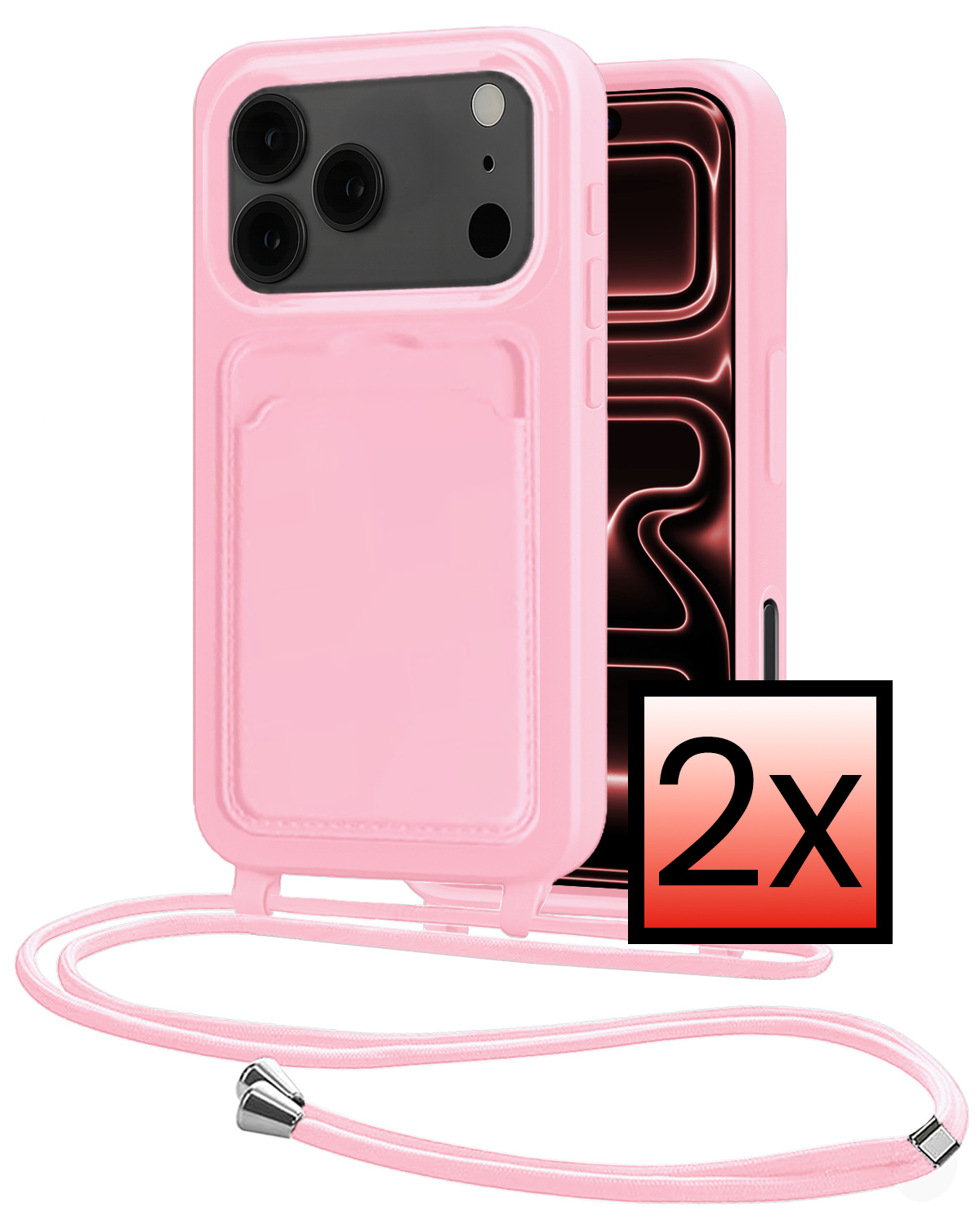 NoXx NoXx iPhone 17 Pro Hoesje Pashouder met Koord - Lichtroze - 2 PACK