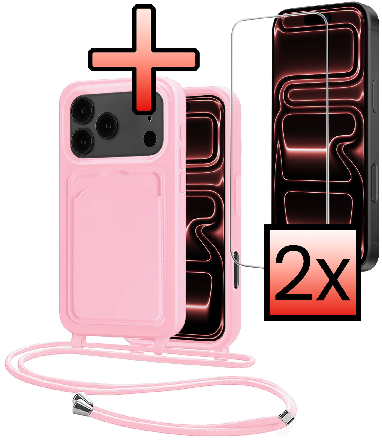 NoXx NoXx iPhone 17 Pro Hoesje Pashouder met Koord Met 2x Screenprotector - Lichtroze