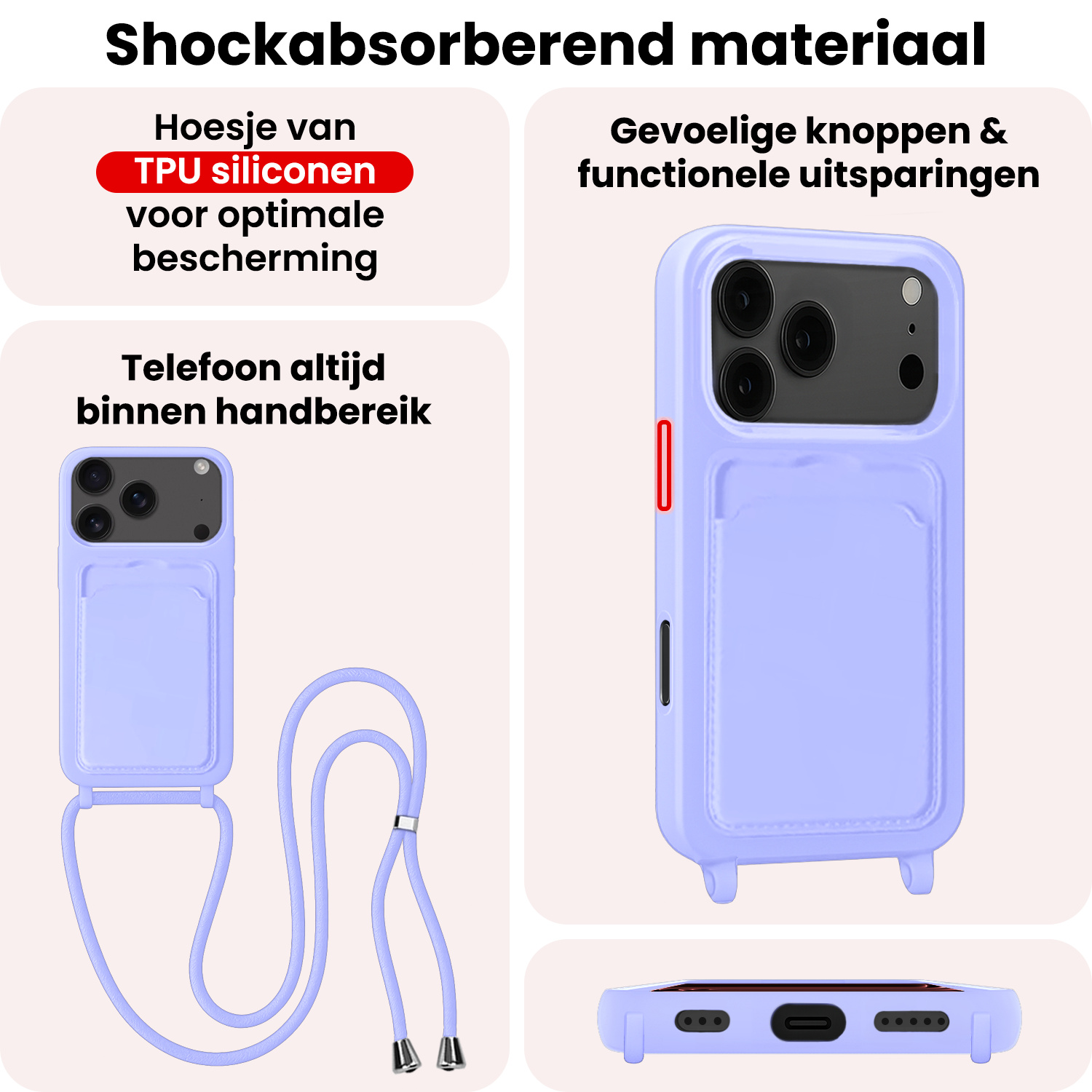 NoXx NoXx iPhone 17 Pro Hoesje Pashouder met Koord - Lila