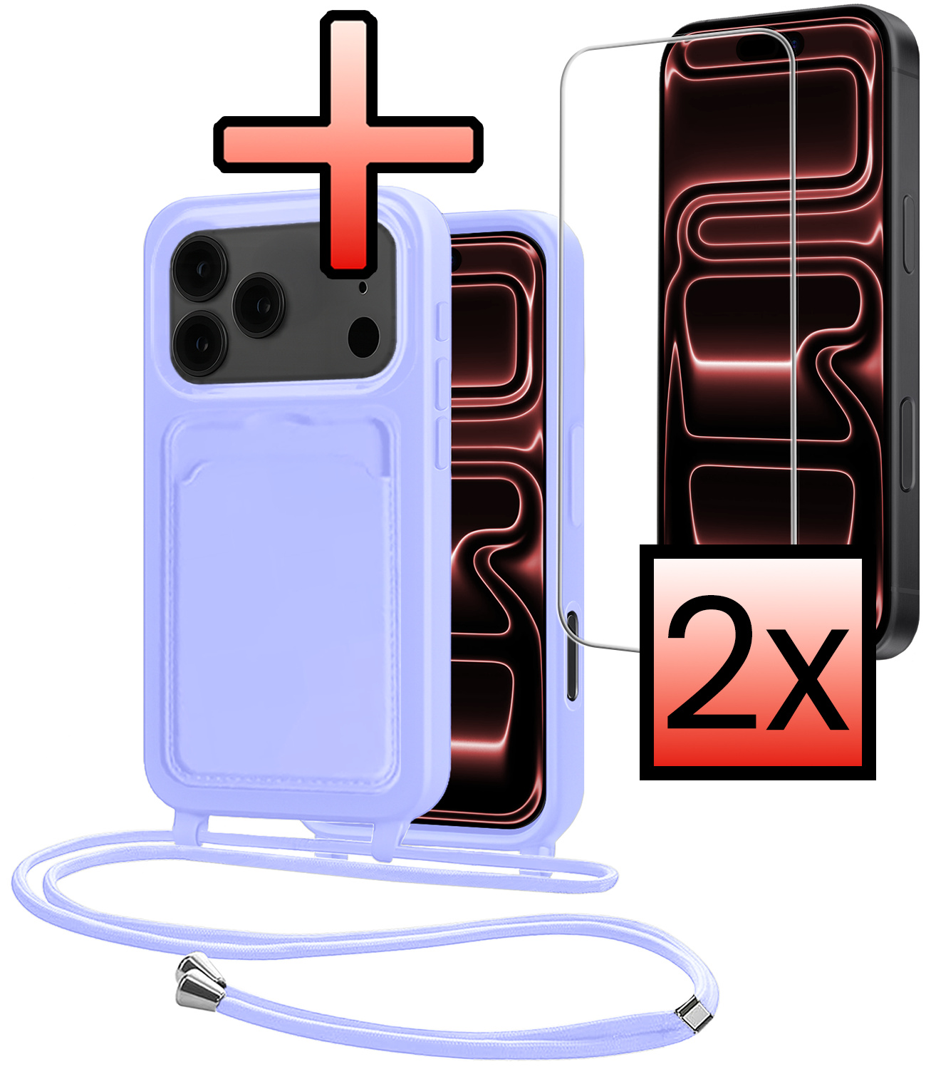 NoXx NoXx iPhone 17 Pro Hoesje Pashouder met Koord Met 2x Screenprotector - Lila