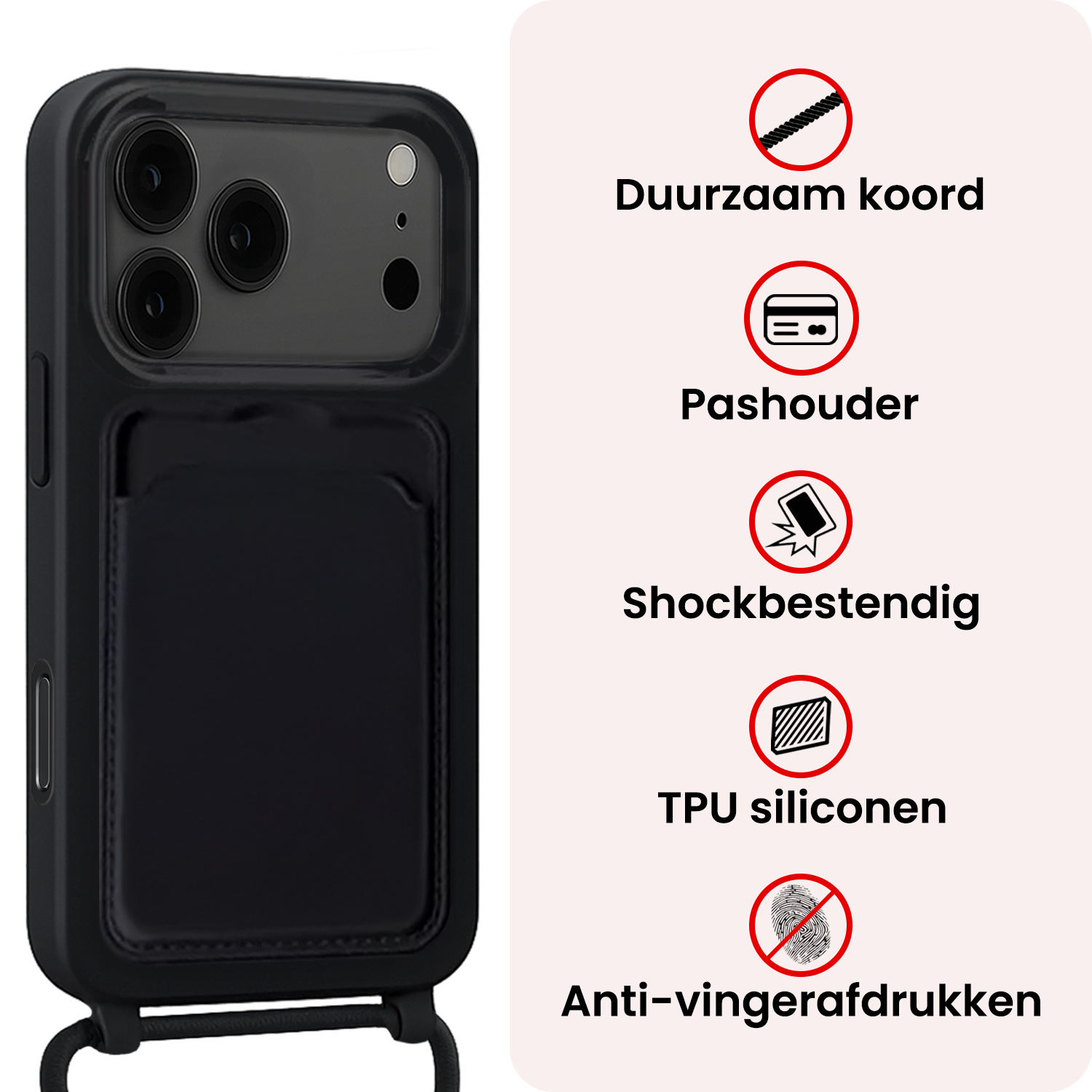 NoXx NoXx iPhone 17 Pro Hoesje Pashouder met Koord - Zwart