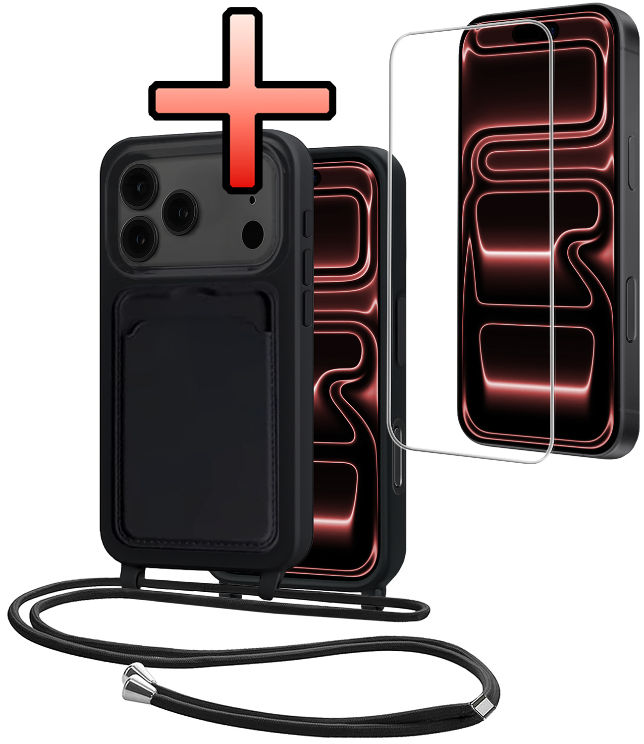 NoXx NoXx iPhone 17 Pro Hoesje Pashouder met Koord Met Screenprotector - Zwart