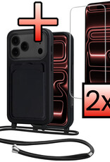 NoXx NoXx iPhone 17 Pro Hoesje Pashouder met Koord Met 2x Screenprotector - Zwart