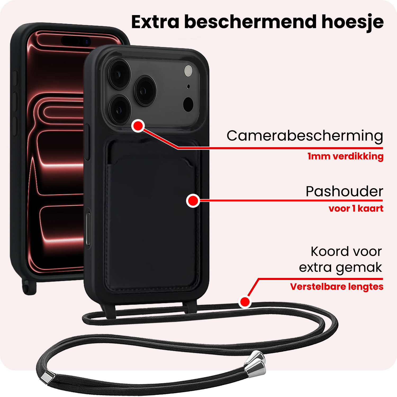 NoXx NoXx iPhone 17 Pro Hoesje Pashouder met Koord Met 2x Screenprotector - Zwart