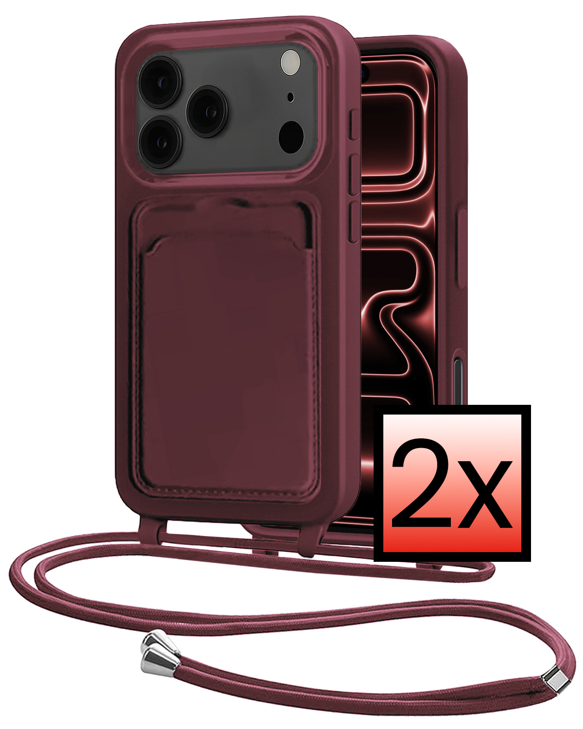 NoXx NoXx iPhone 17 Pro Max Hoesje Pashouder met Koord - Aubergine - 2 PACK