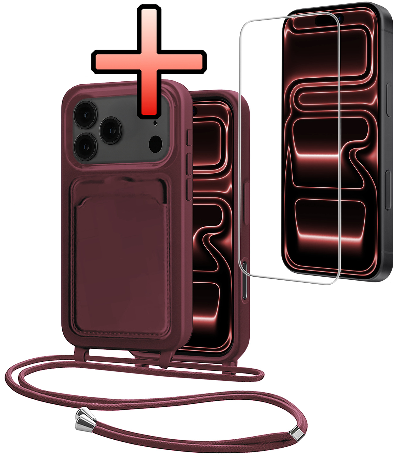 NoXx NoXx iPhone 17 Pro Max Hoesje Pashouder met Koord Met Screenprotector - Aubergine