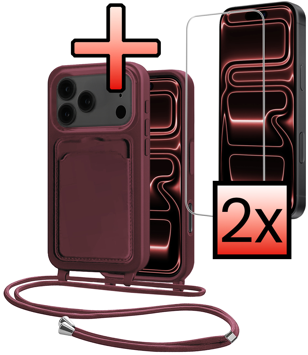 NoXx NoXx iPhone 17 Pro Max Hoesje Pashouder met Koord Met 2x Screenprotector - Aubergine