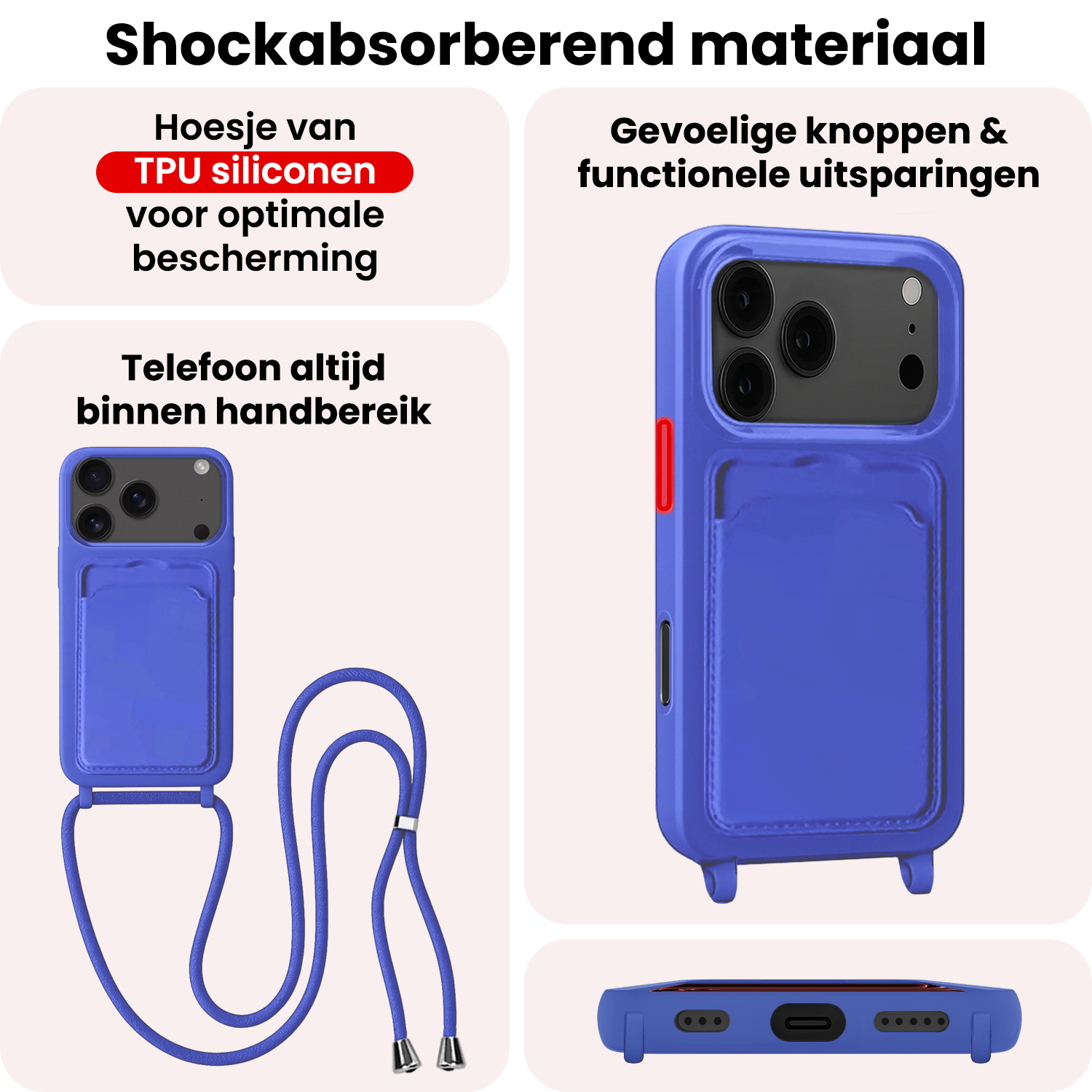 NoXx NoXx iPhone 17 Pro Max Hoesje Pashouder met Koord - Fel Blauw - 2 PACK